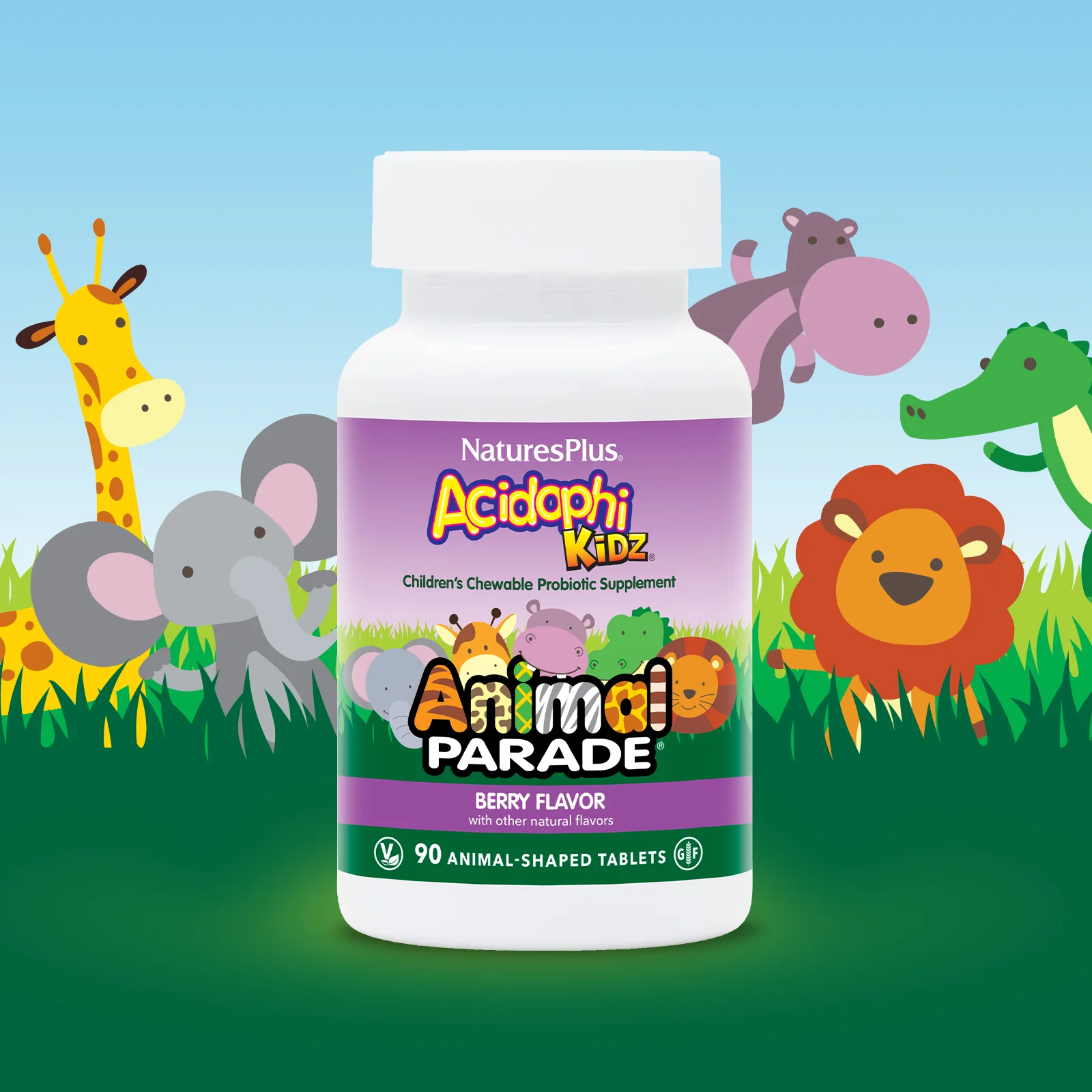 NaturesPlus, Source of Life, Animal Parade, AcidophiKidz, детские жевательные таблетки, натуральный вишневый вкус, 90 таблеток в форме животных