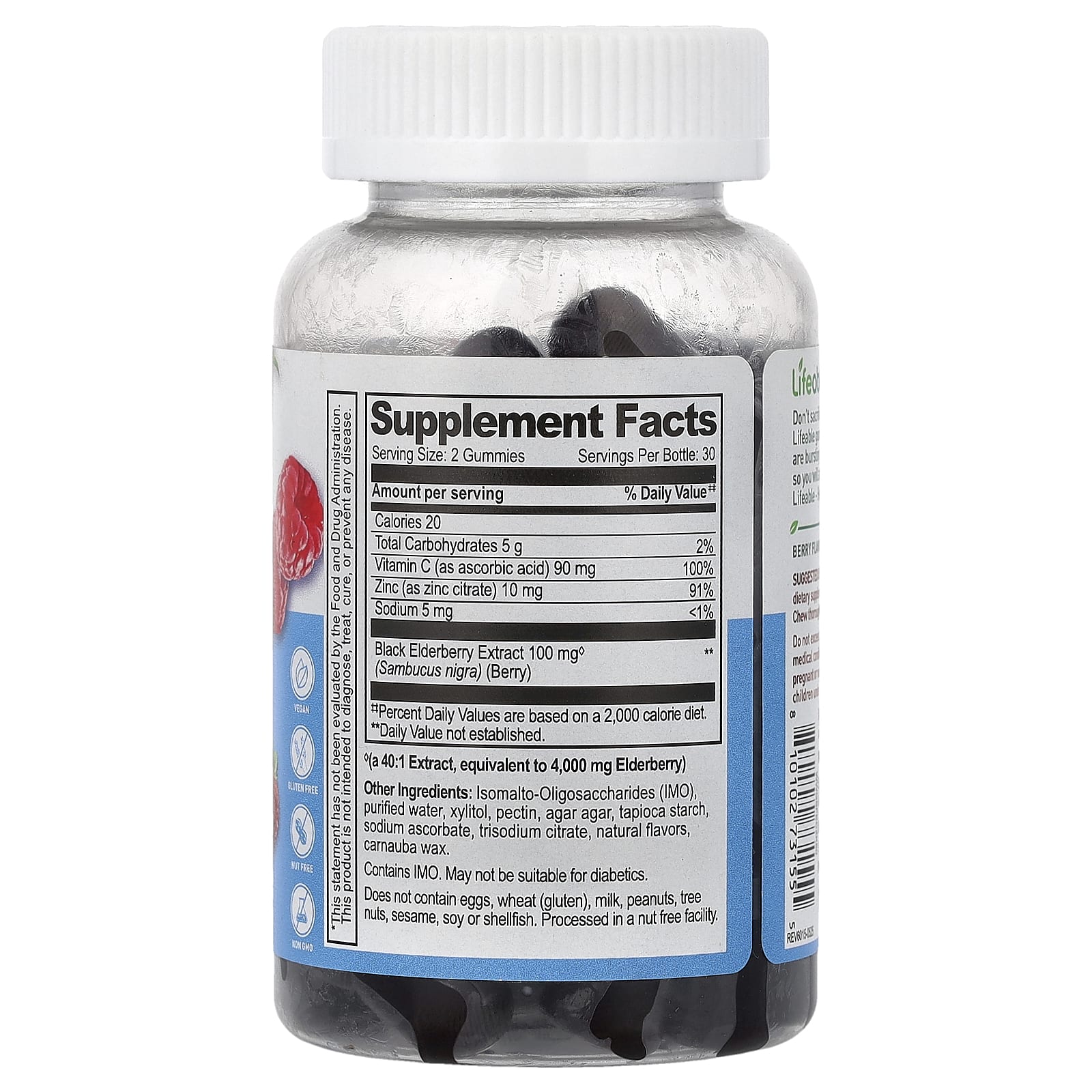 Lifeable, Sambucus, жевательные таблетки с бузиной, витамином C и цинком для детей, со вкусом ягод, 60 жевательных таблеток
