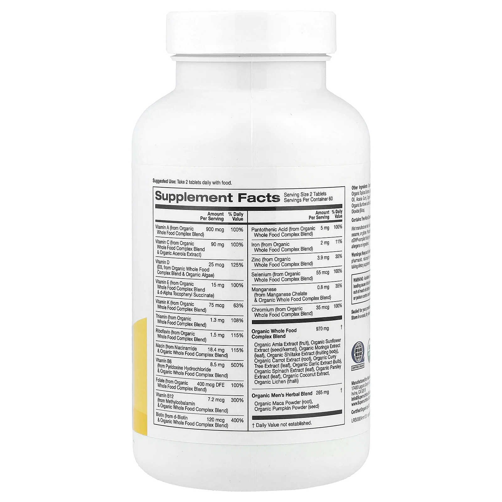 Super Nutrition, мультивитамины из органических цельных продуктов для мужчин, с экстрактами органической амлы, органического подсолнечника, органической моринги и органического шиитаке, 120 таблеток