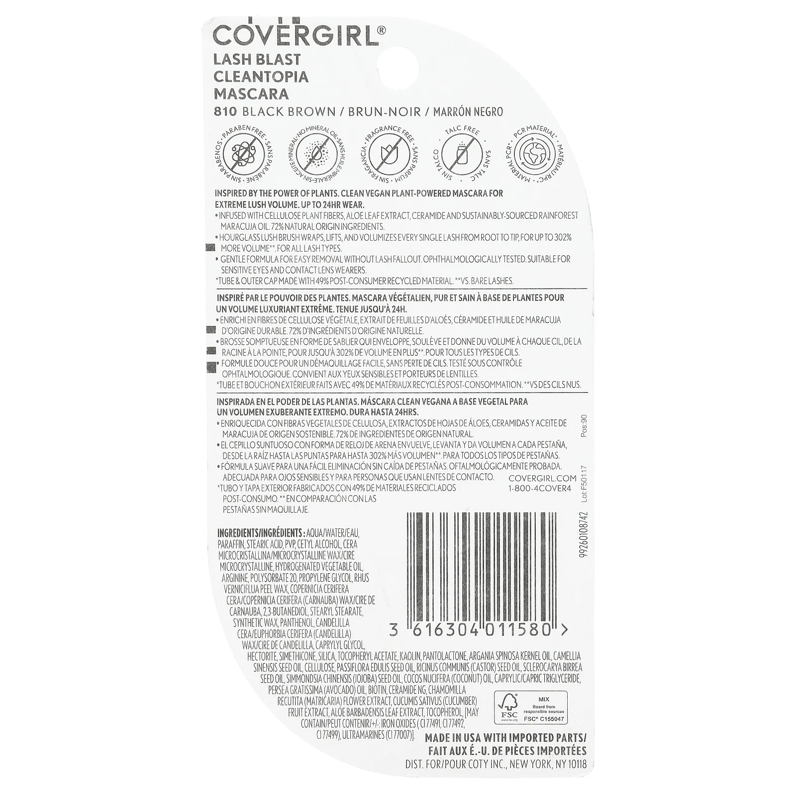 Covergirl, Lash Blast, тушь для ресниц Cleantopia, оттенок 810 черно-коричневый, 9,5 мл (0,32 жидк. унции)