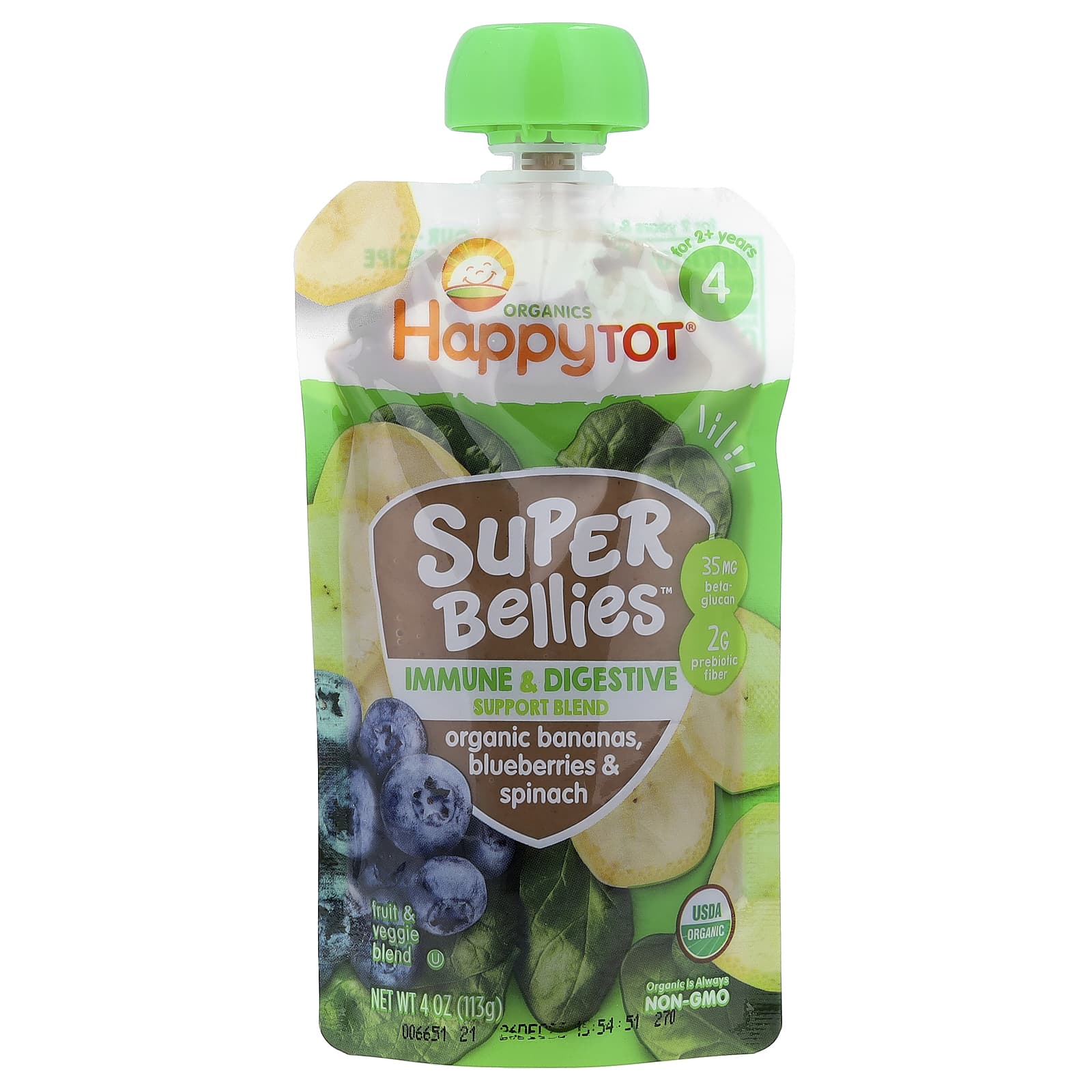 Happy Family Organics, Happy Tot®, Super Bellies™, для детей от 2 лет, органические бананы, голубика и шпинат, 113 г (4 унции)