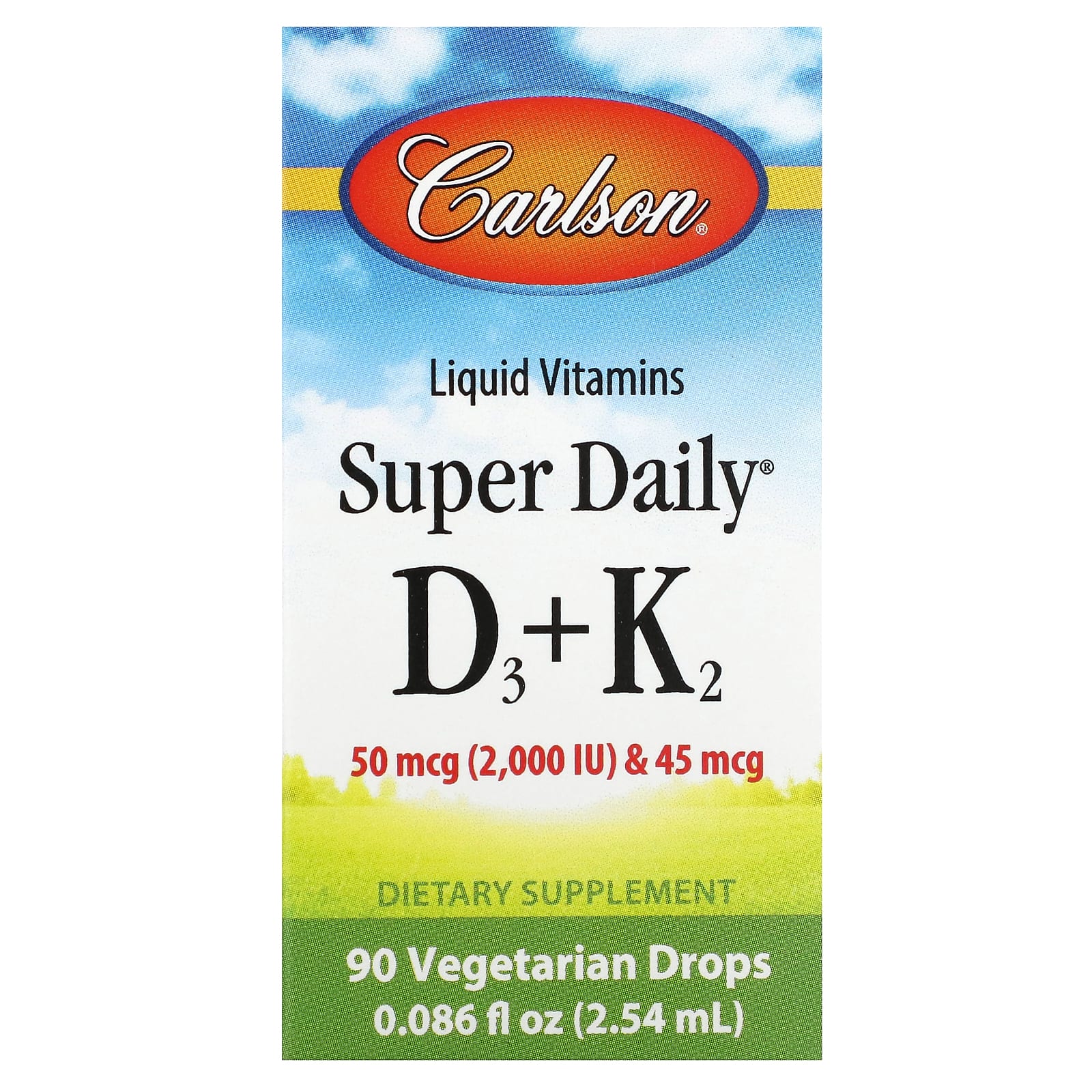 Carlson, Super Daily, витамины D3 и K2, 90 вегетарианских капель, 2,54 мл (0,086 жидк. унции)