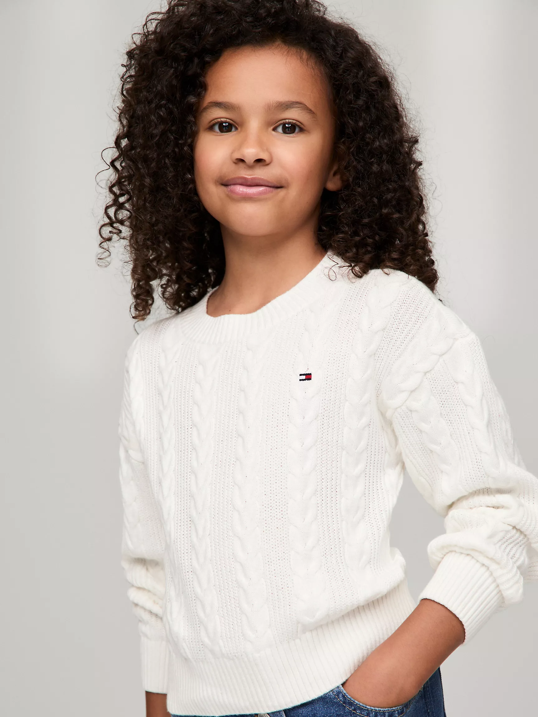 Свитер для девочки Tommy Hilfiger, Детский вязаный свитер с узором "косы" и круглым вырезом