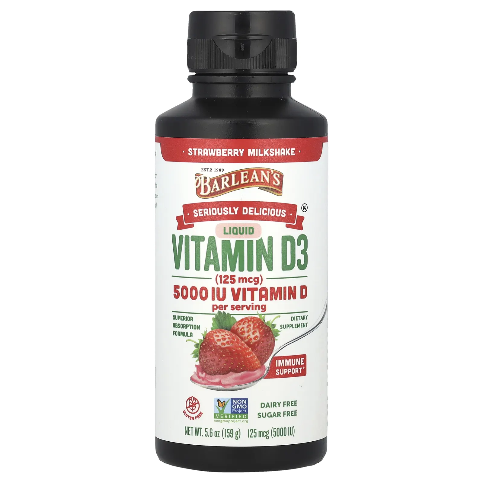 Barlean's, Seriously Delicious, жидкий витамин D3, клубничный молочный коктейль, 125 мкг (5000 МЕ), 159 г (5,6 унции)