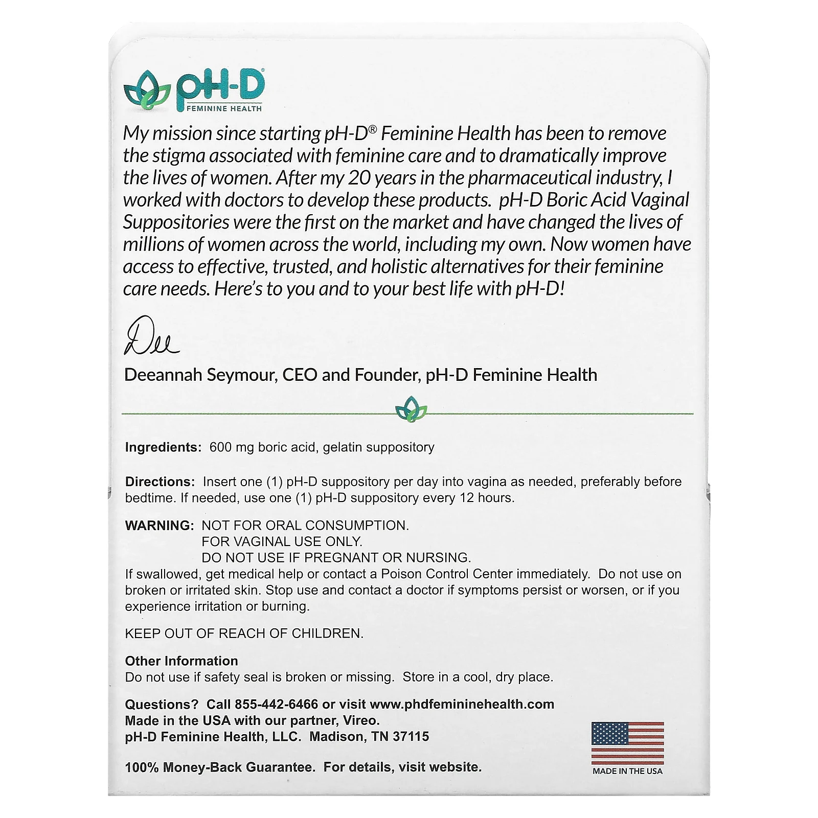 pH-D Feminine Health, вагинальные свечи с борной кислотой, 600 мг, 24 свечи