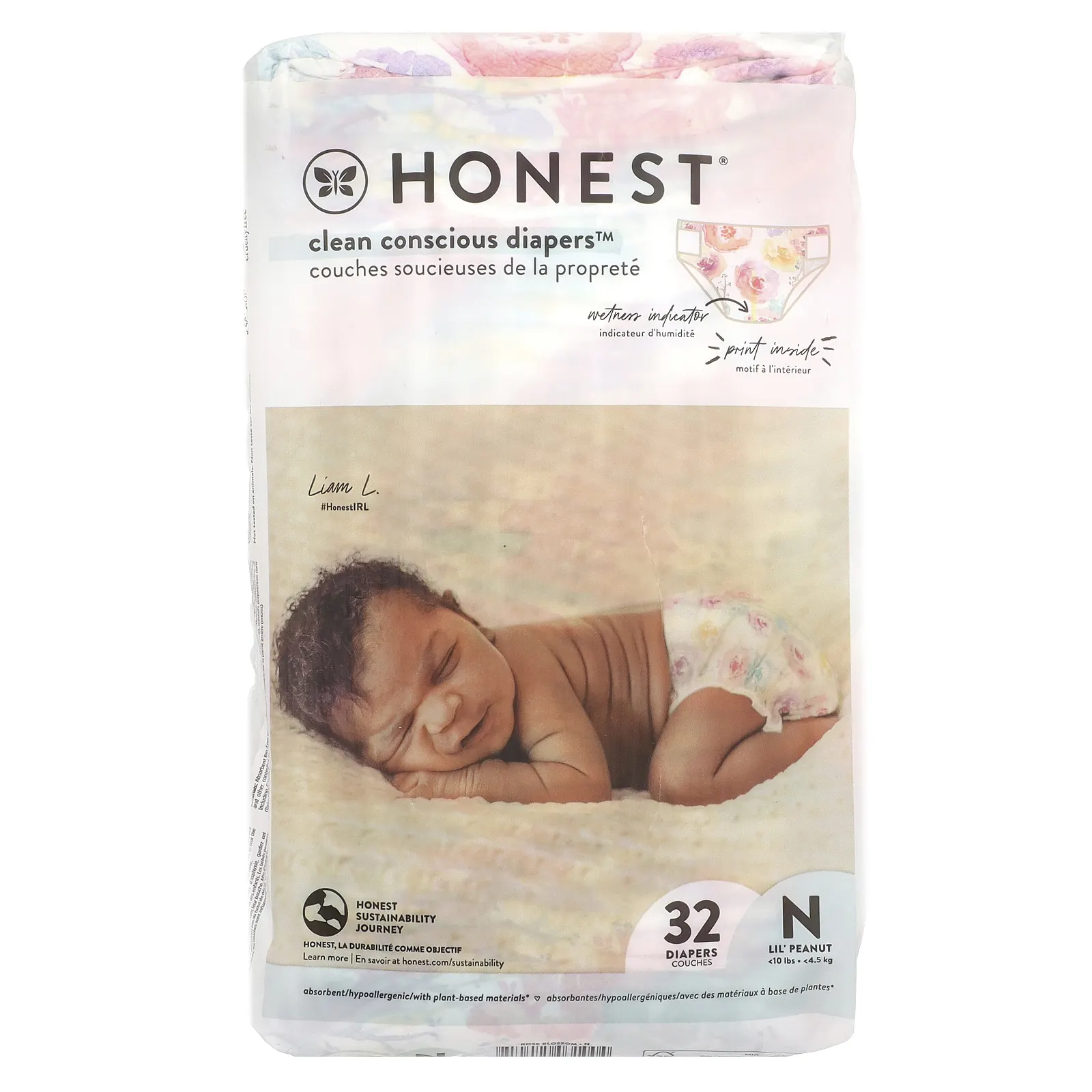 The Honest Company, Honest, подгузники для новорожденных, менее 4,5 кг (10 фунтов), цветущая роза, 32 подгузника