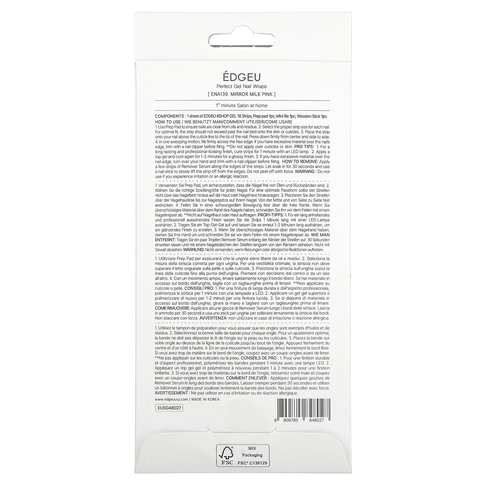 Edgeu, Perfect Gel Nail Wraps, ENA 139, молочно-розовый, набор из 16 полосок