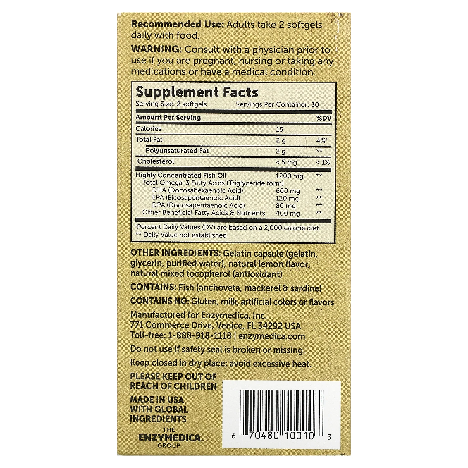 Enzymedica, Aqua Biome, омега-3, классическая сила действия, лимонный вкус, 1200 мг, 60 капсул (600 мг в 1 капсуле)