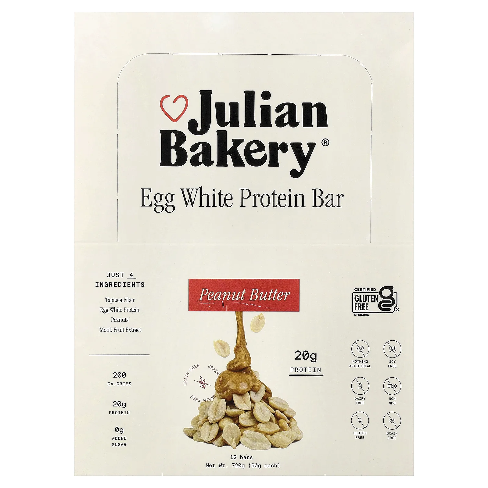 Julian Bakery, протеиновый батончик из яичного белка, арахисовая паста, 12 батончиков по 60 г (2,1 унции)
