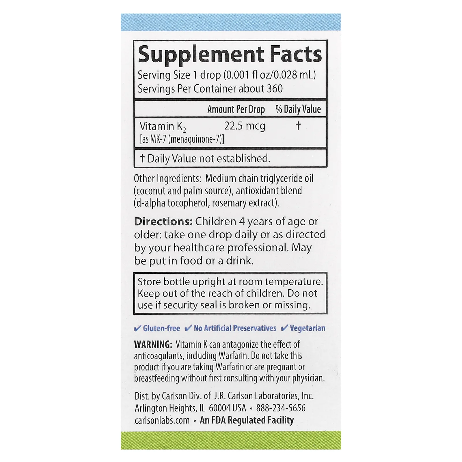 Carlson, Super Daily K2 для детей, 22,5 мкг, 10,16 мл (0,34 жидк. унций)