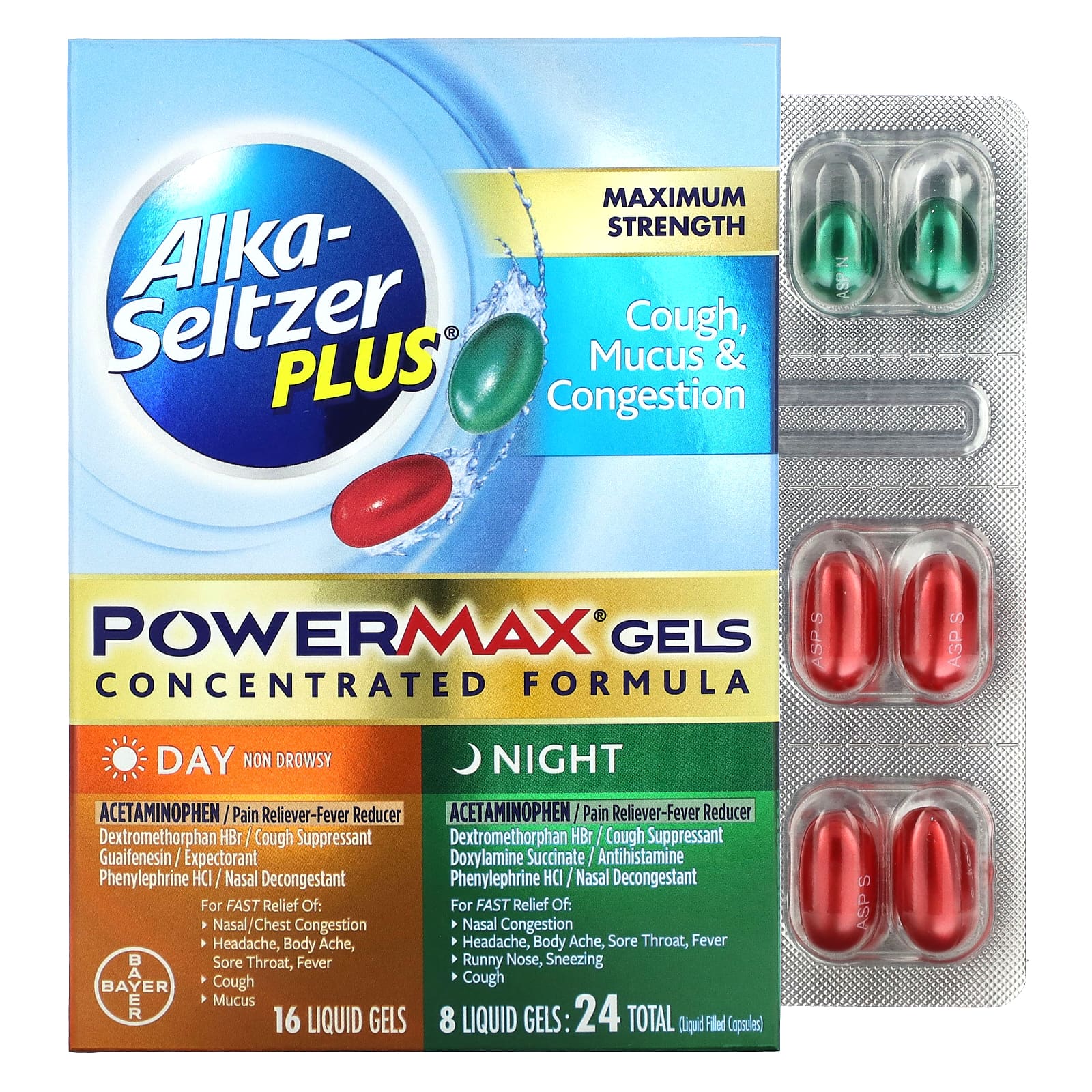Alka-Seltzer Plus, Гели от кашля и конгестии PowerMax, максимальная сила действия, днем и ночью, 24 жидких геля