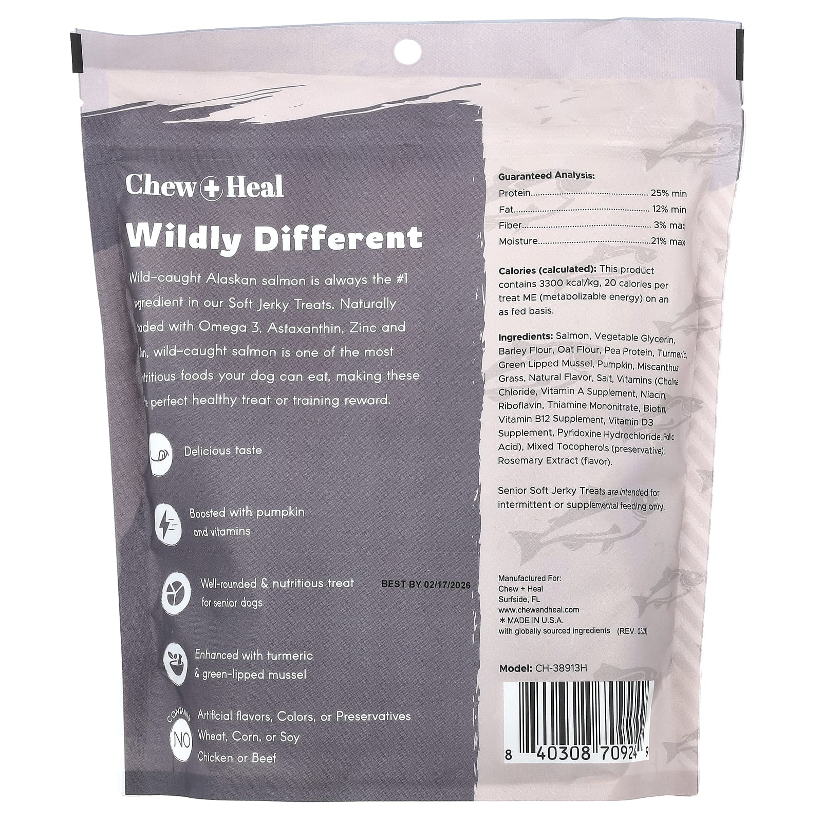 Chew + Heal, Мягкое вяленое лакомство для пожилых людей, для собак, с лососем, 340 г (12 унций)