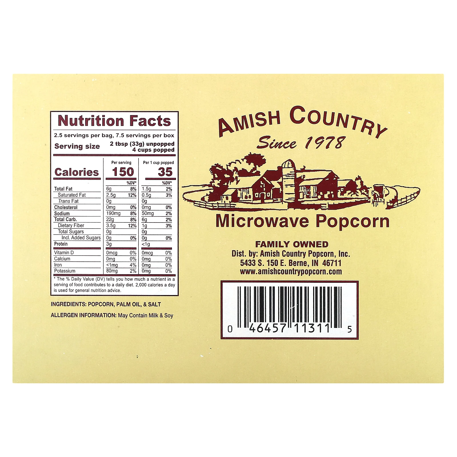 Amish Country Popcorn, Попкорн в микроволновой печи, облегченный натуральный, 3 пакетика по 85 г (3 унции)