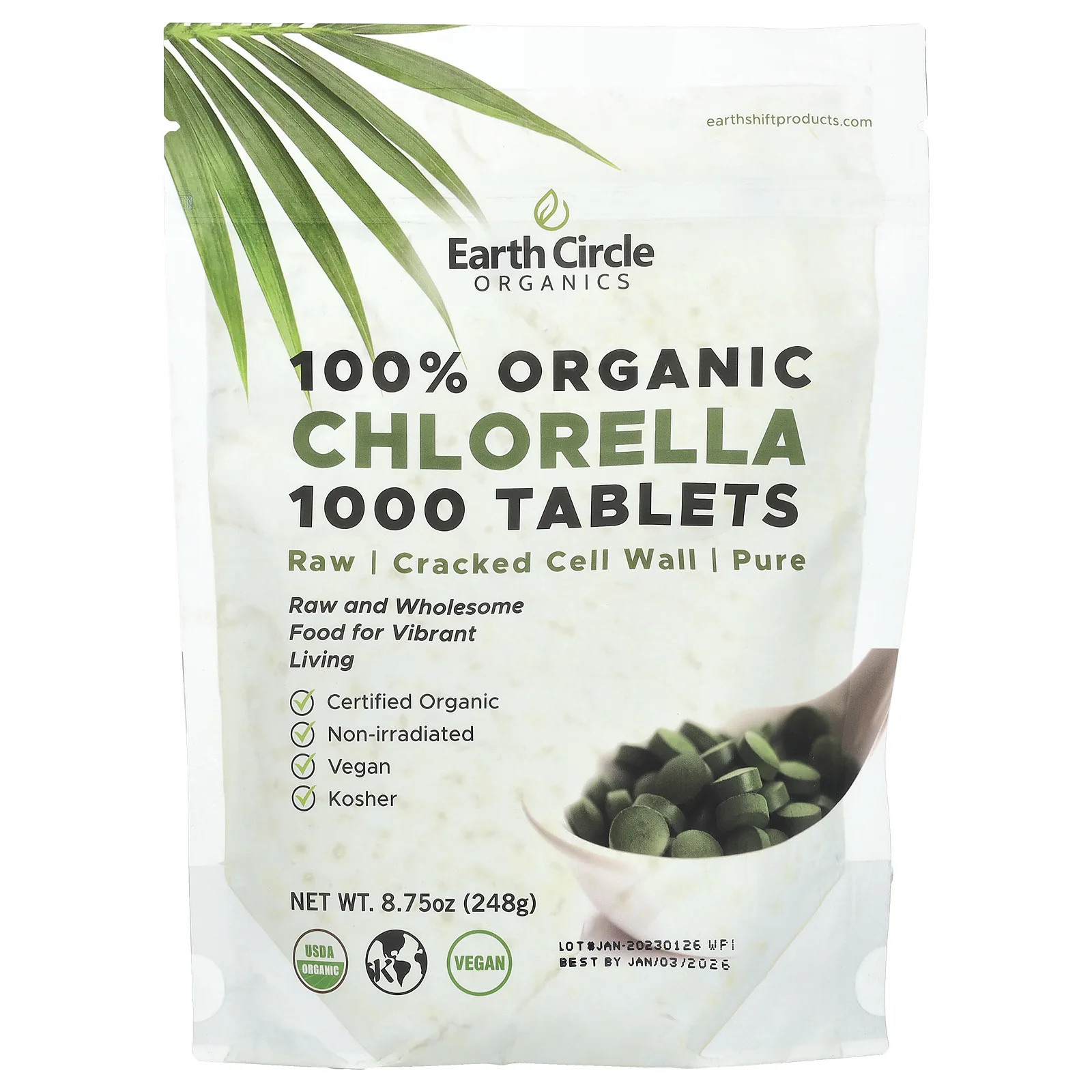 Earth Circle Organics, Таблетки 100% органической хлореллы, 1000 таблеток, 8,75 унций (248 г)