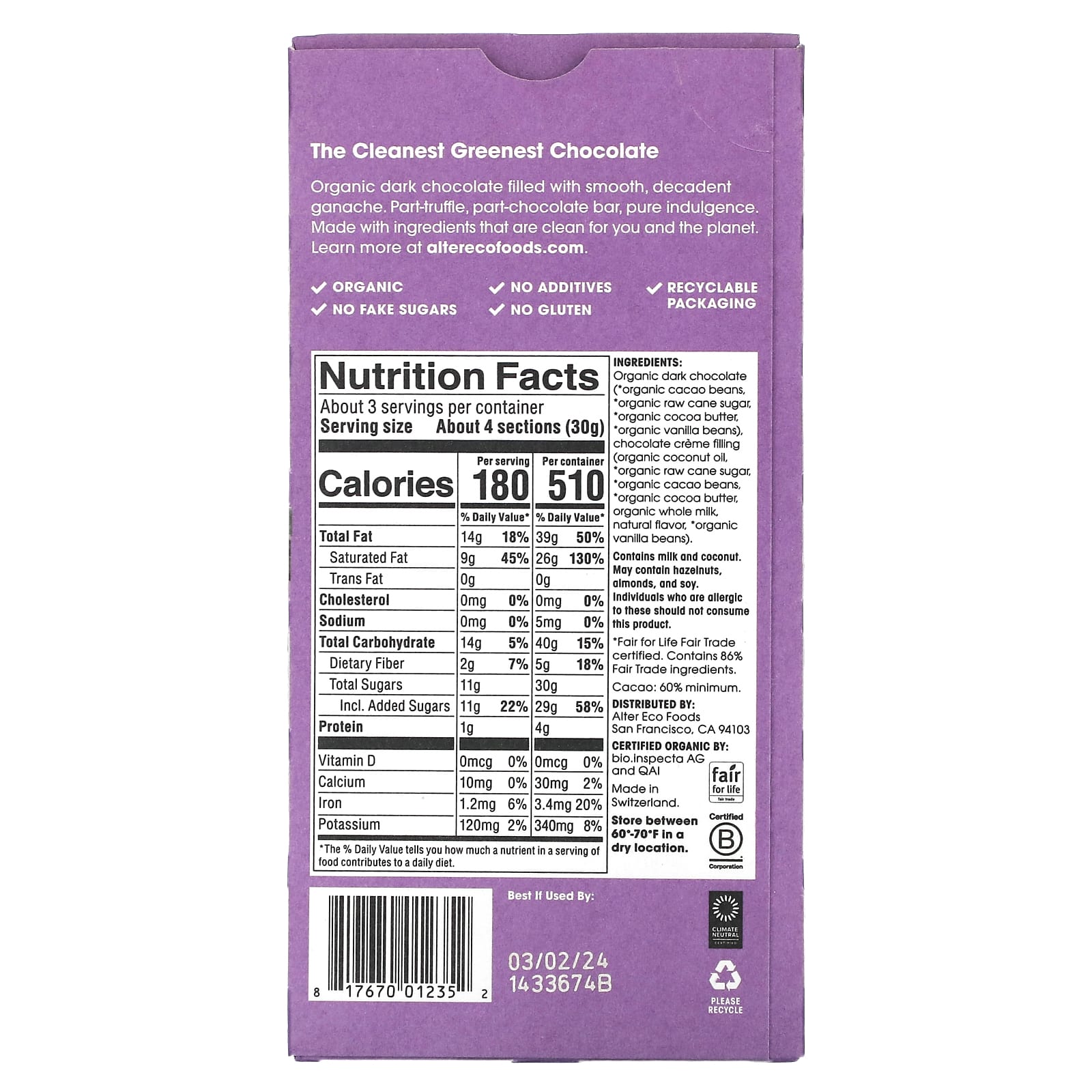 Alter Eco, органический темный шоколад, с кусочками трюфеля, классический темный, 84 г (2,96 унции)