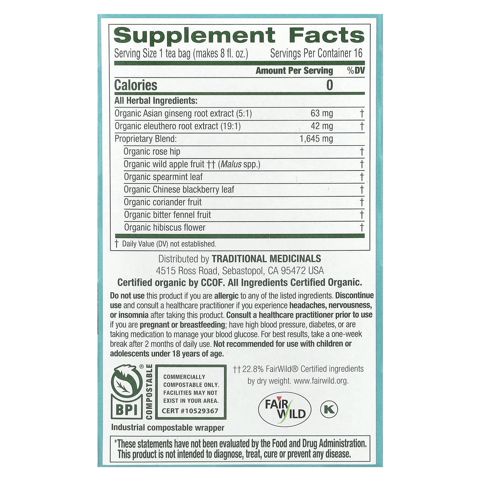 Traditional Medicinals, органический Stress Ease Focus, женьшень, дикое яблоко и мята, без кофеина, 16 чайных пакетиков в упаковке, 28 г (0,99 унции)