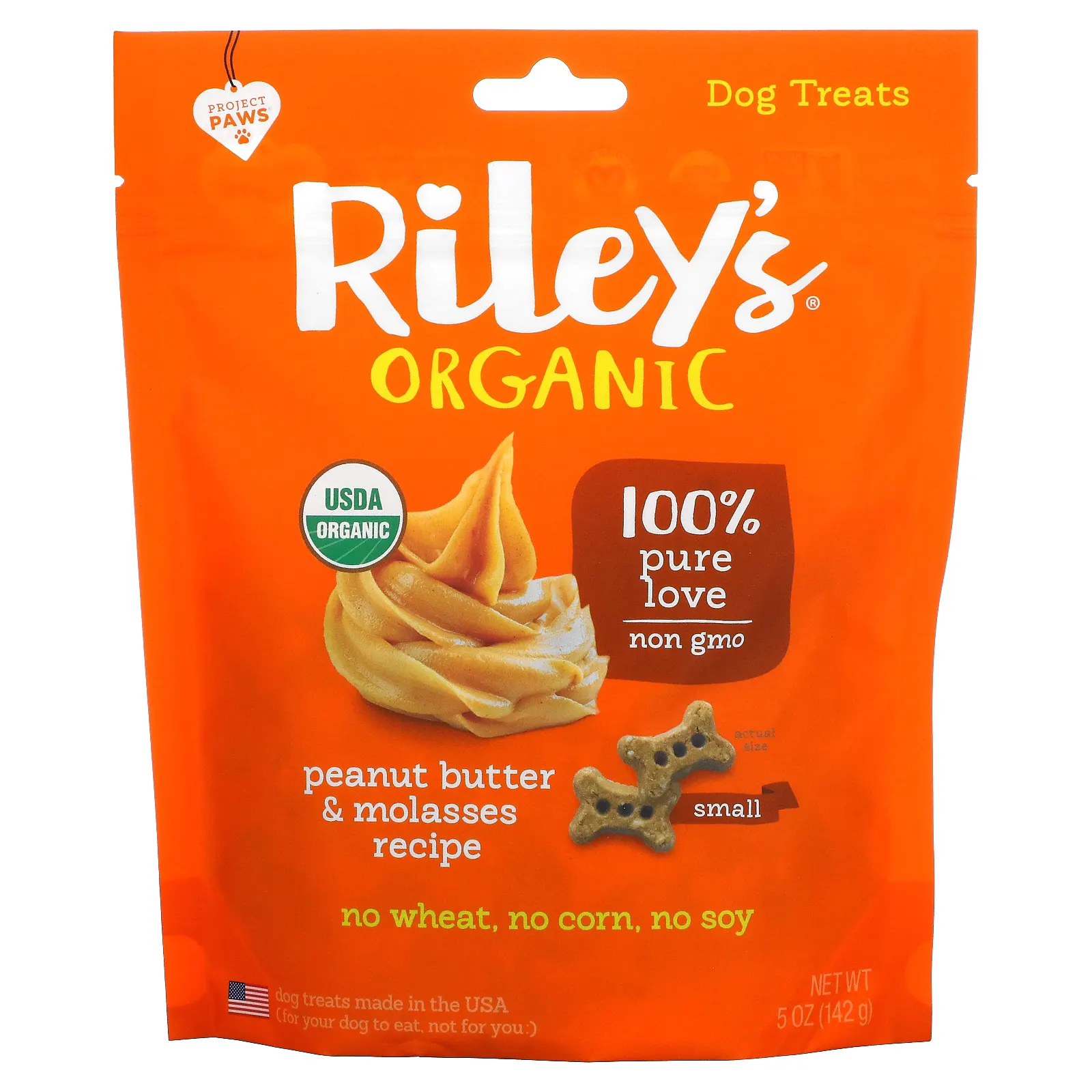 Riley’s Organics, лакомства для собак, маленькая косточка, рецепт с арахисовым маслом и патокой, 142 г (5 унций)