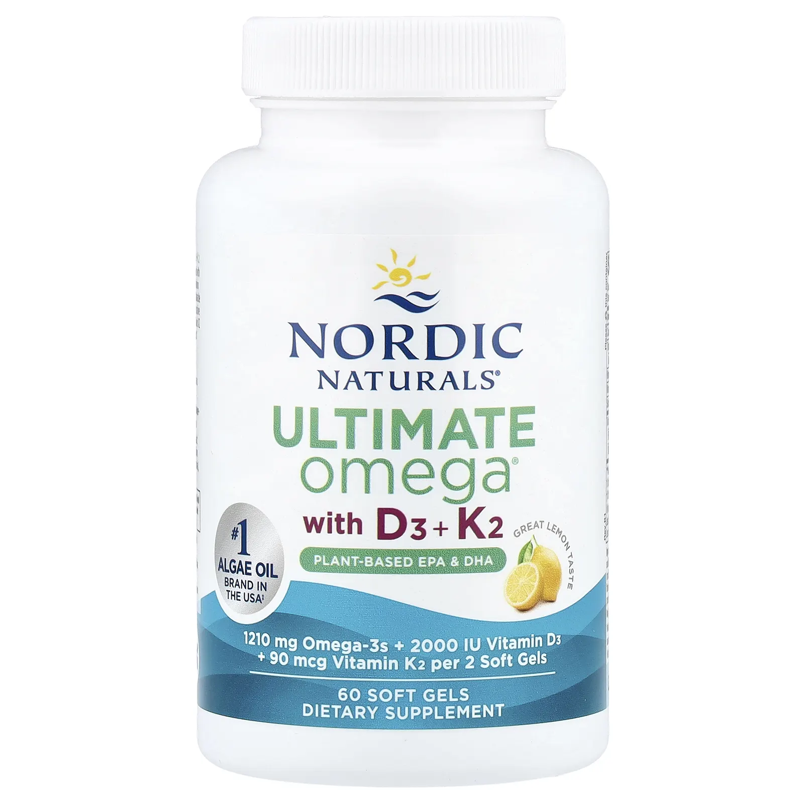 Nordic Naturals, Ultimate Omega®, растительные добавки с витаминами D3 и K2, со вкусом лимона, 60 мягких таблеток