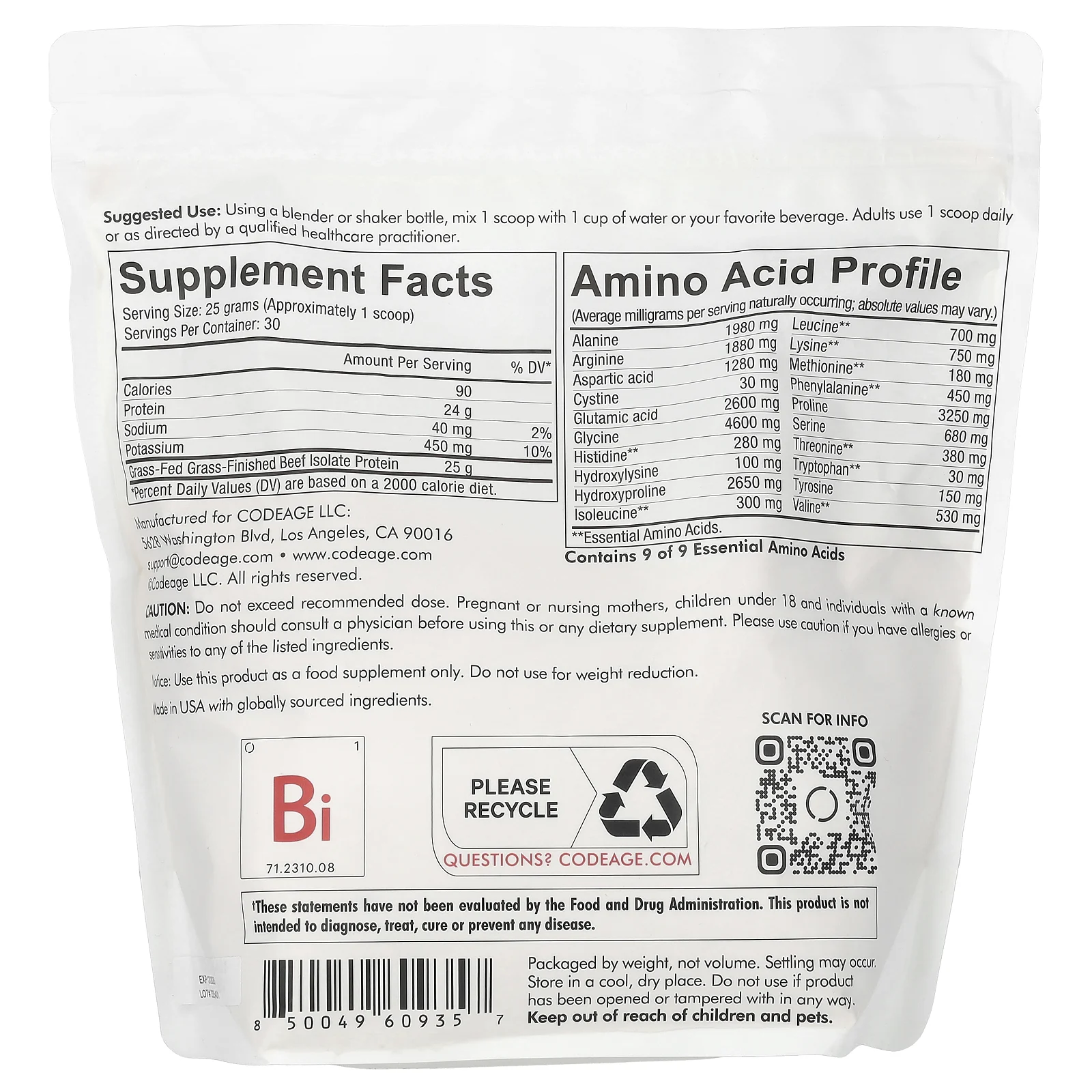 Codeage, протеиновый порошок из изолята говядины, без добавок, 750 г (1,65 фунта)
