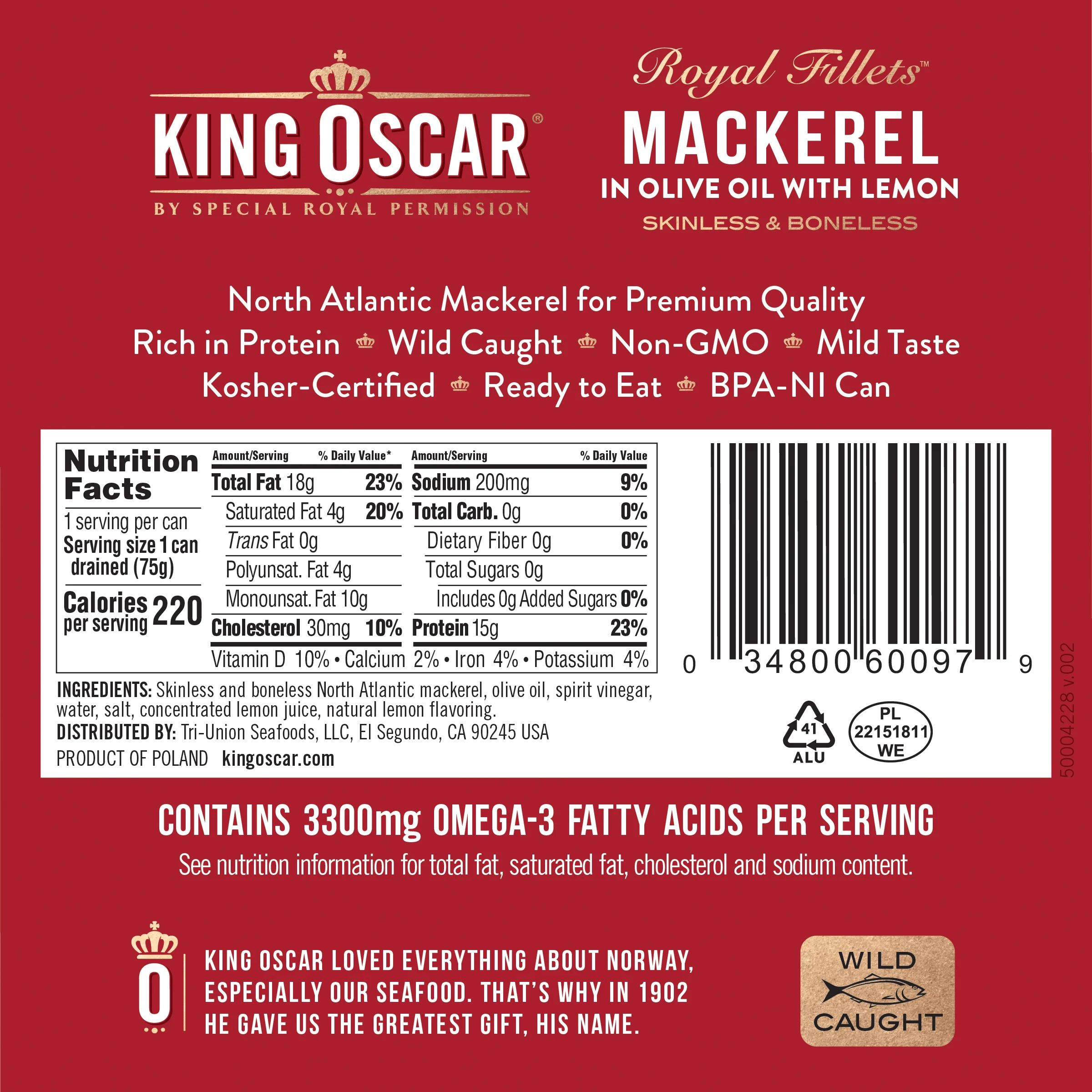 King Oscar, Royal Fillets, скумбрия в оливковом масле с лимоном, 115 г (4,05 унции)