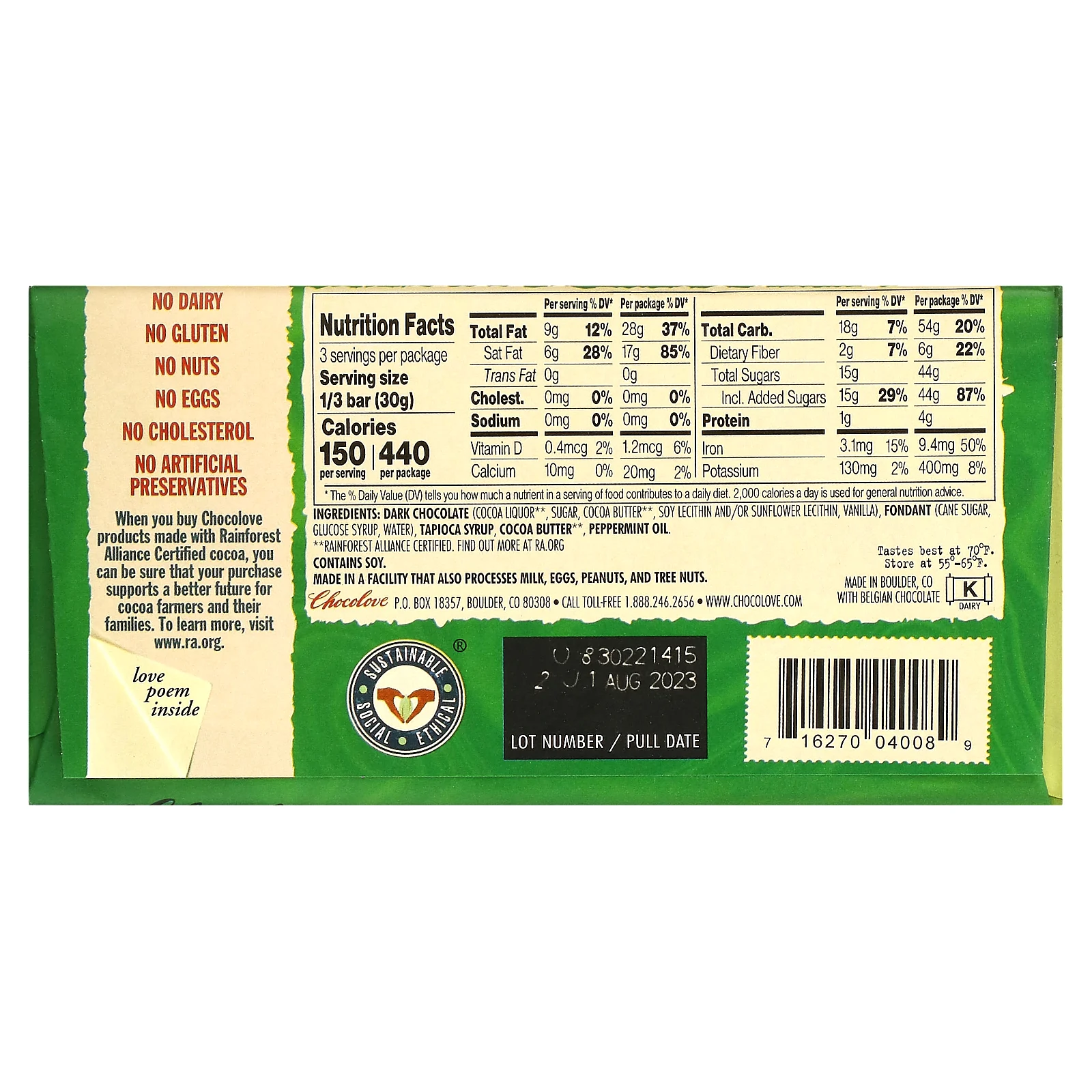 Chocolove, темный шоколад с кремовой мятной начинкой, 55% какао, 90 г (3,2 унции)