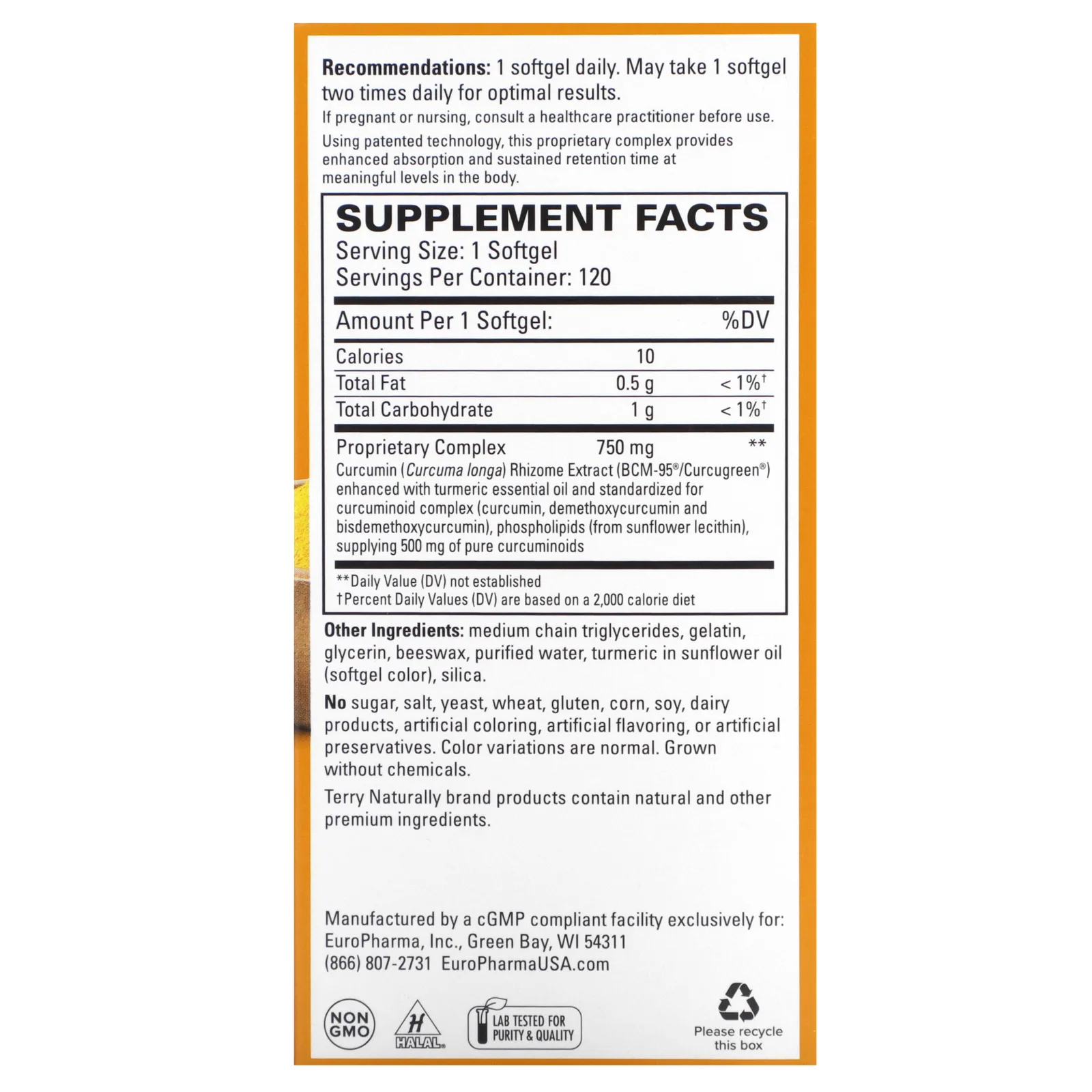 Terry Naturally, CuraMed, куркумин для превосходной усвояемости, 750 мг, 120 мягких таблеток