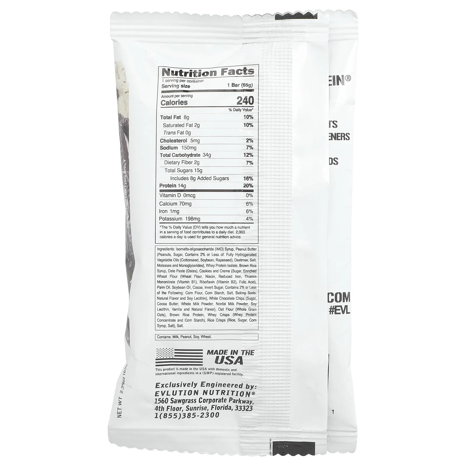 EVLution Nutrition, Stacked Protein Bar, печенье с арахисовой пастой и сливки, 2 батончика, 65 г (2,29 унции)