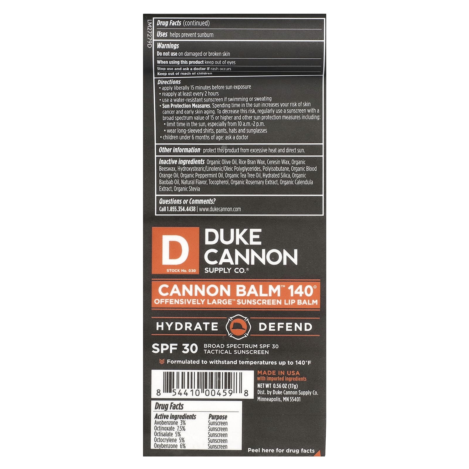 Duke Cannon Supply Co., Cannon Balm ™ 140º, солнцезащитный бальзам для губ Offensively Large ™, SPF 30, 17 г (0,56 унции)