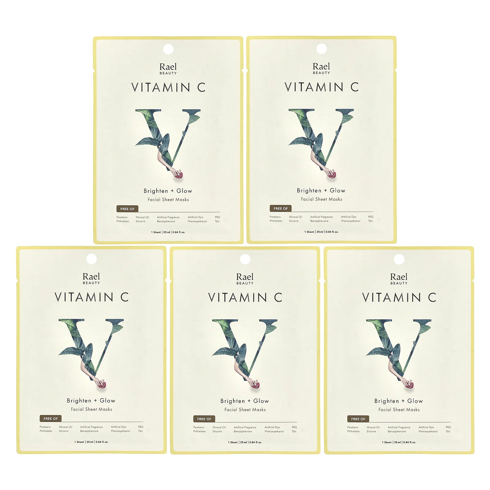 Rael, Витамин C, косметические тканевые маски для лица, сияние и сияние, 5 шт., По 25 мл (0,84 жидк. унц.)