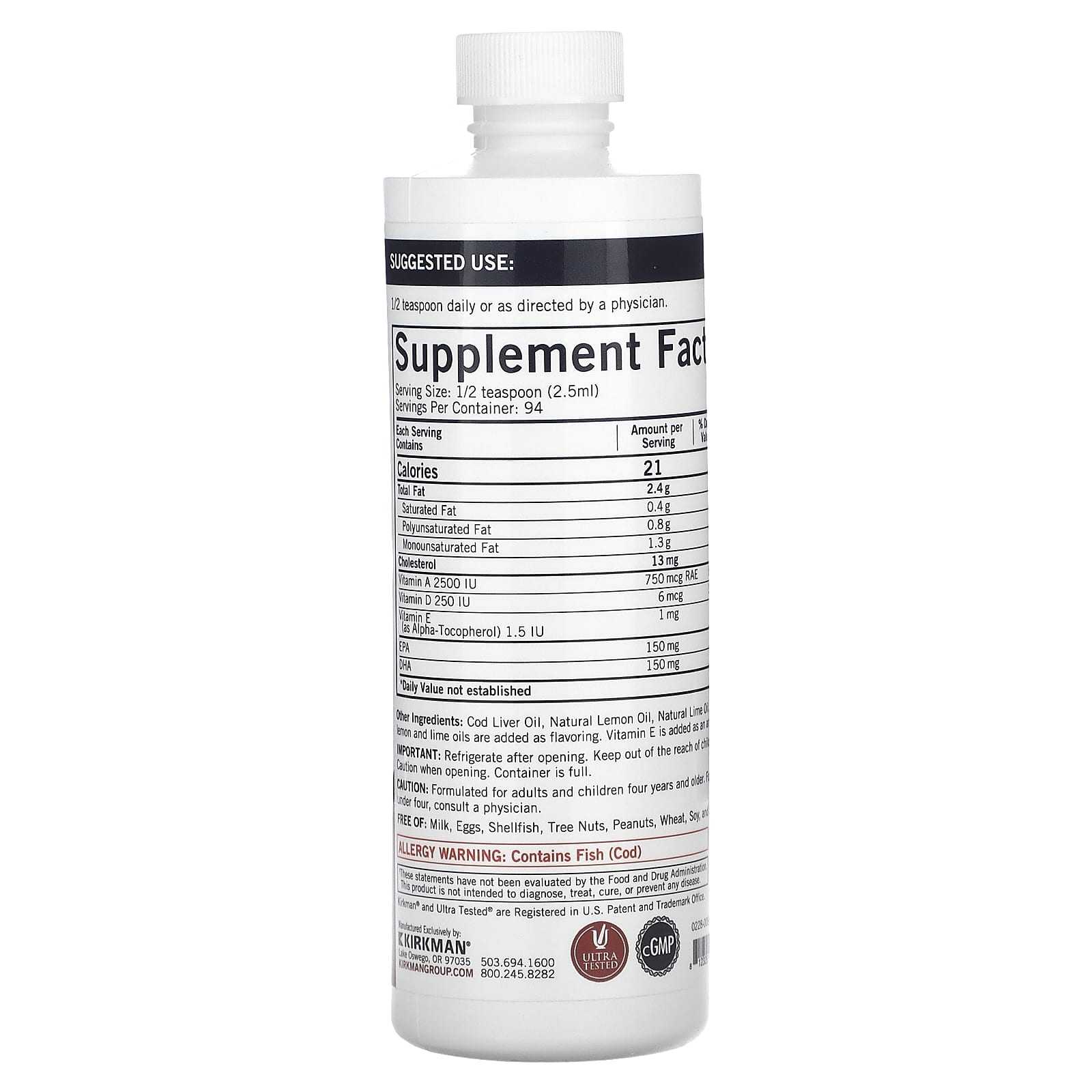 Kirkman Labs, жидкий жир печени трески, натуральный лимон и лайм, 237 мл (8 жидк. унций)
