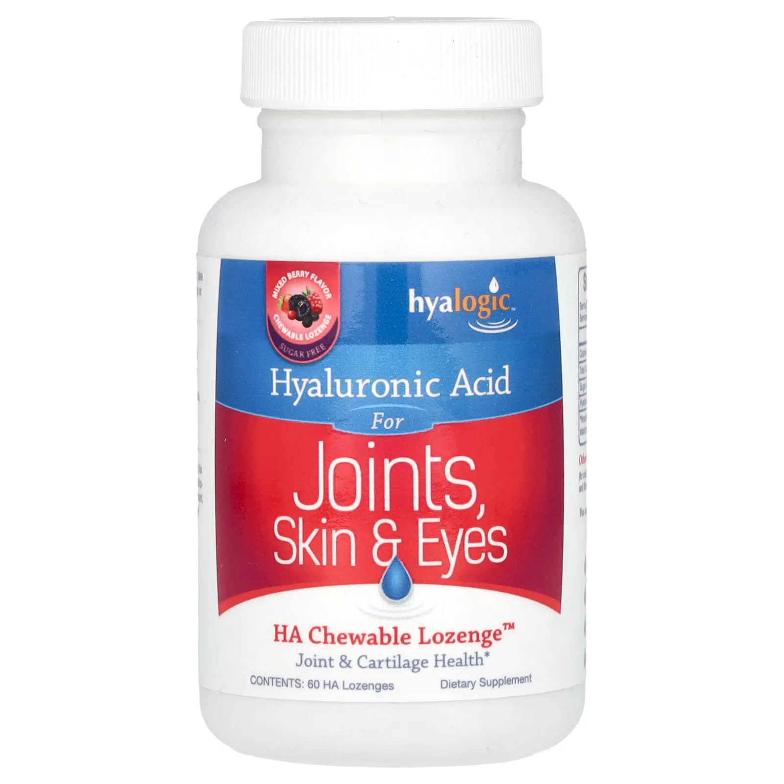 Hyalogic, гиалуроновая кислота для суставов, кожи и глаз, без сахара, ягодное ассорти, 60 пастилок