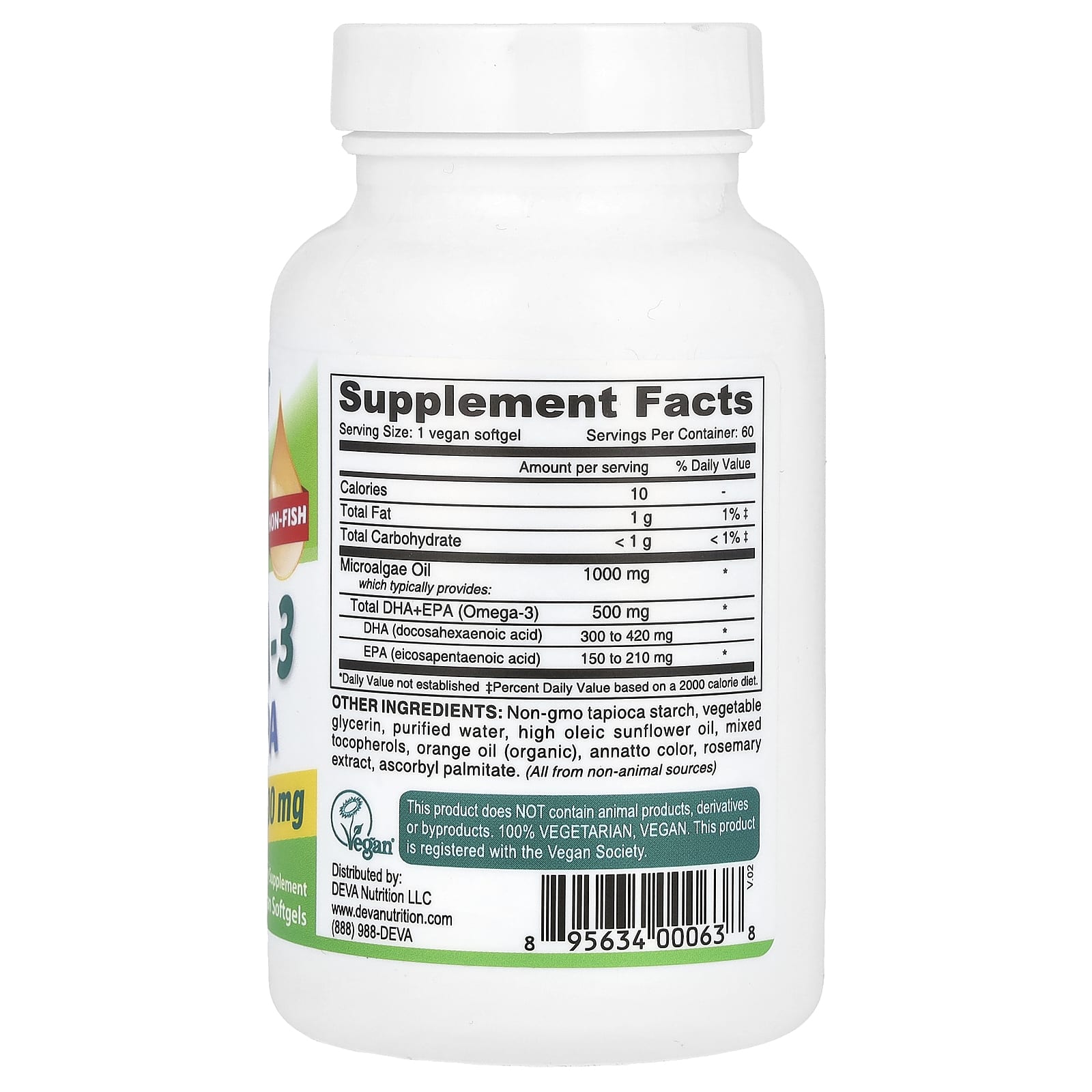 Deva, Веганские омега-3 DHA-EPA, 500 мг, 60 веганских мягких таблеток
