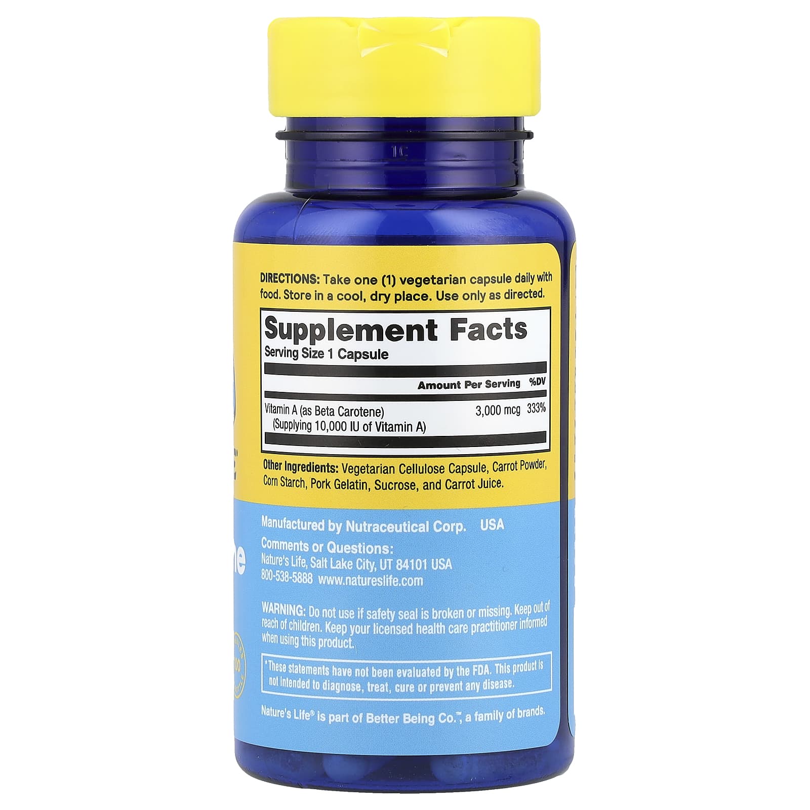 Nature's Life, Бета-каротин, 3000 мкг (10 000 МЕ), 100 вегетарианских капсул