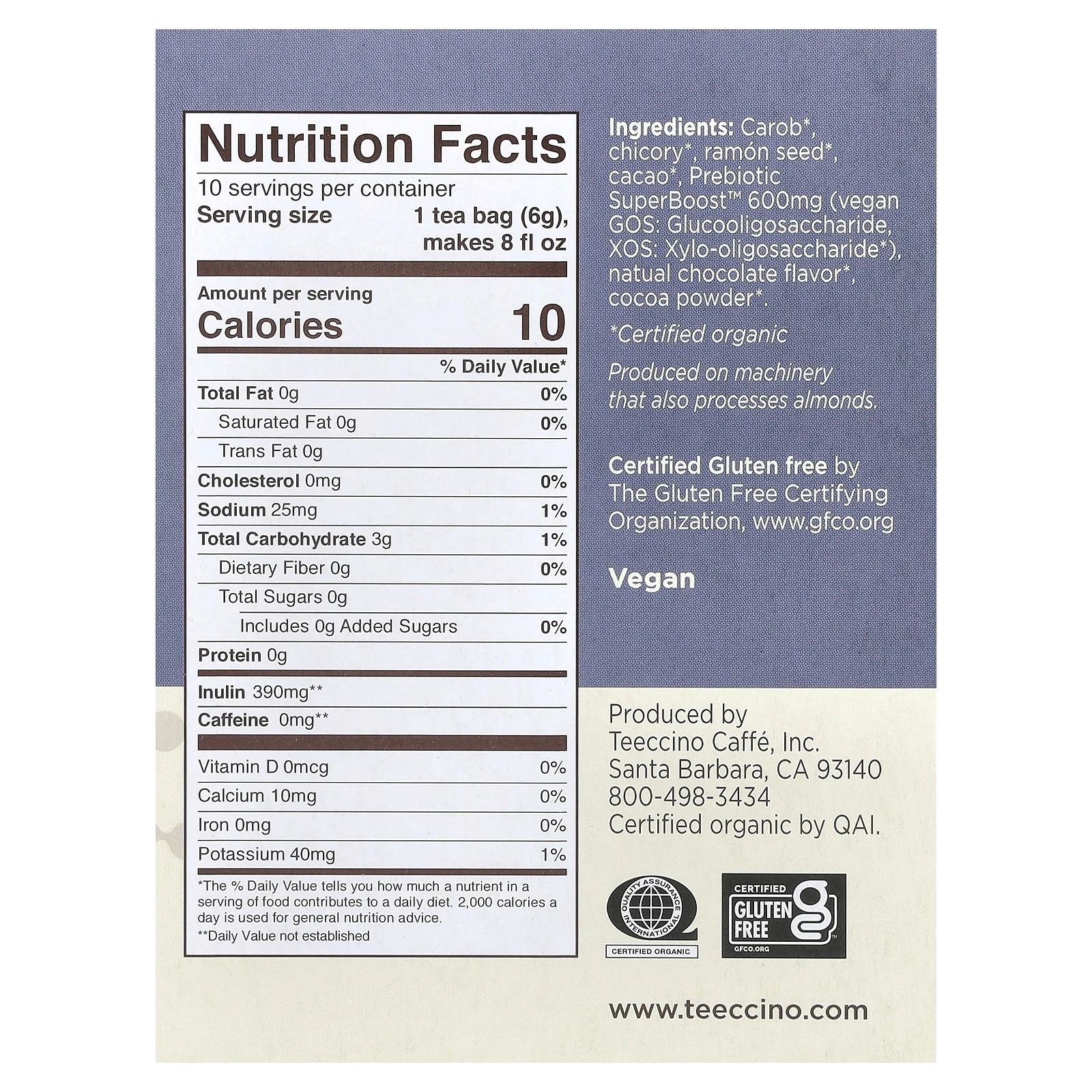 Teeccino, Prebiotic Herbal Tea, органический темный шоколад, без кофеина, 10 чайных пакетиков, 60 г (2,12 унции)