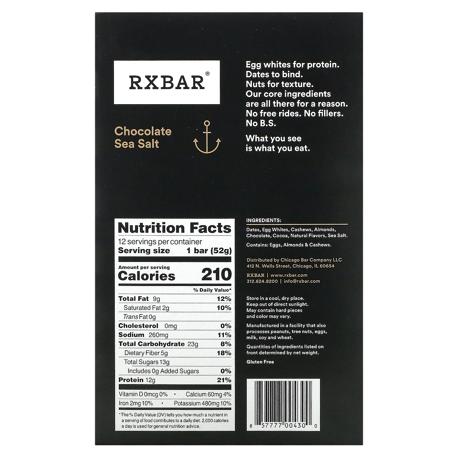 RXBAR, Protein Bar, шоколадная морская соль, 12 батончиков, 52 г (1,83 унции)