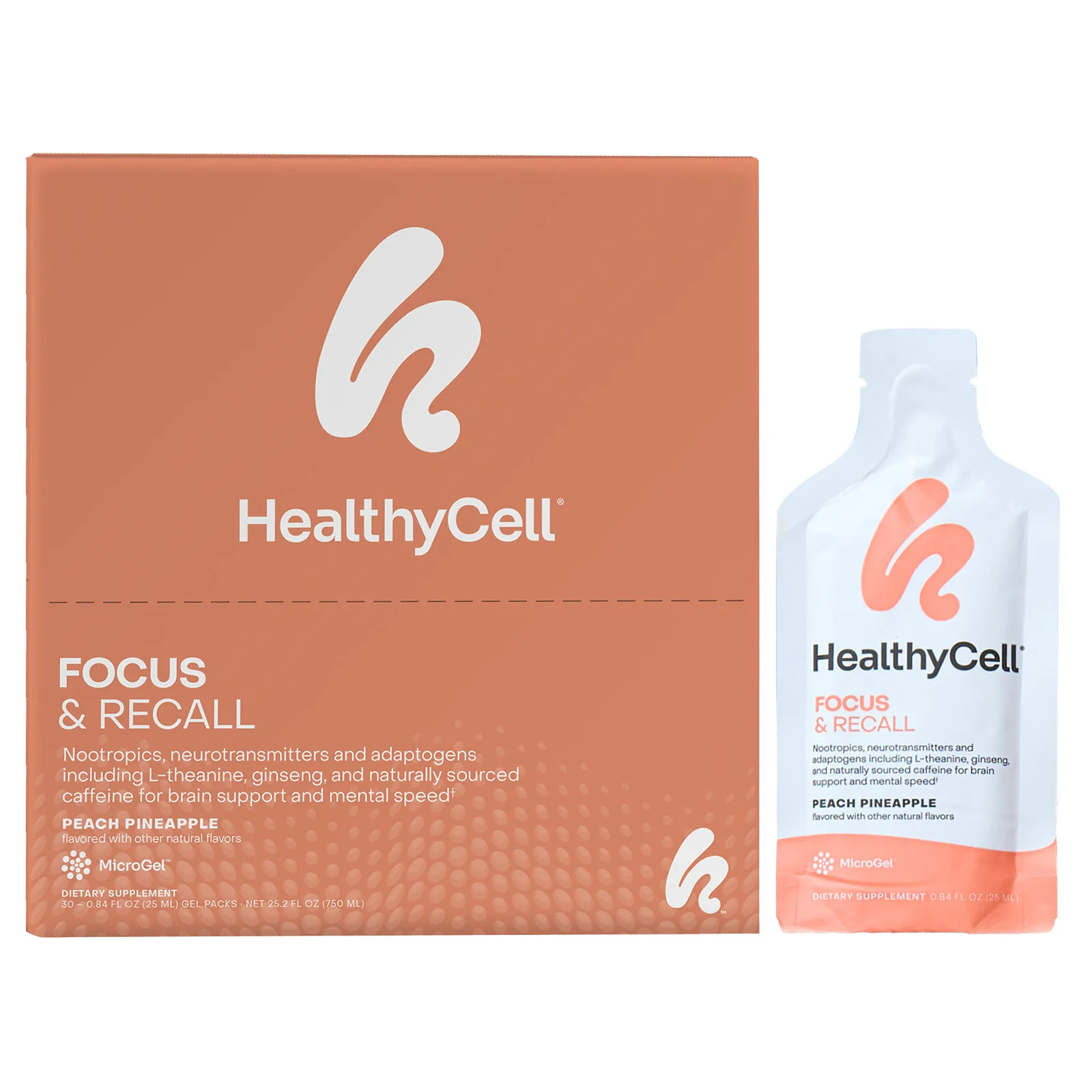 HealthyCell, Focus & Recall, персиковый ананас, 30 гелевых пакетиков по 25 мл (0,84 жидк. Унции)