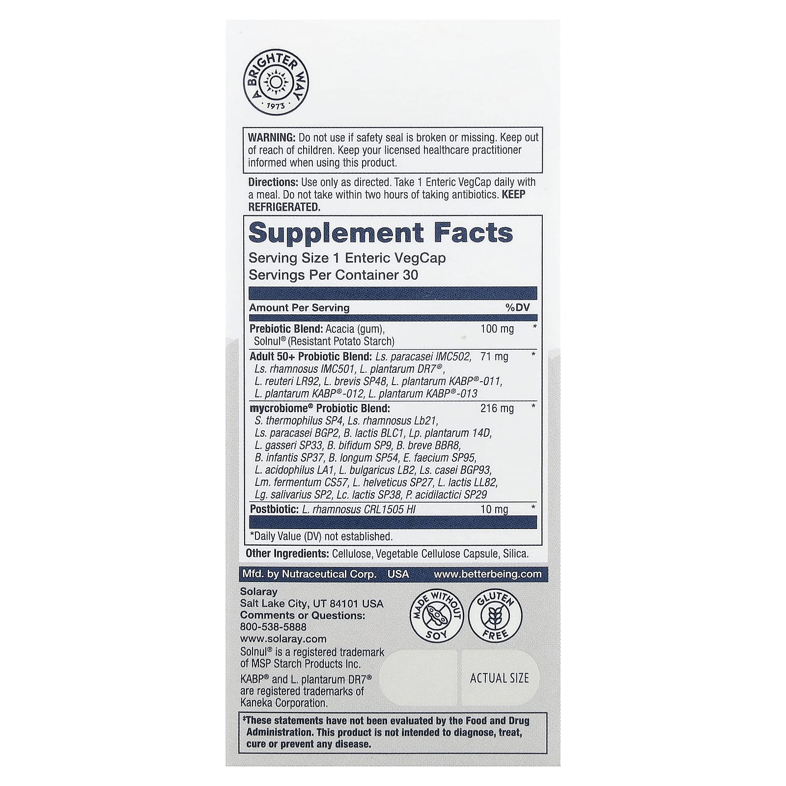 Solaray, Mycrobiome®, полноценный пробиотик, для взрослых старше 50 лет, 30 растительных капсул