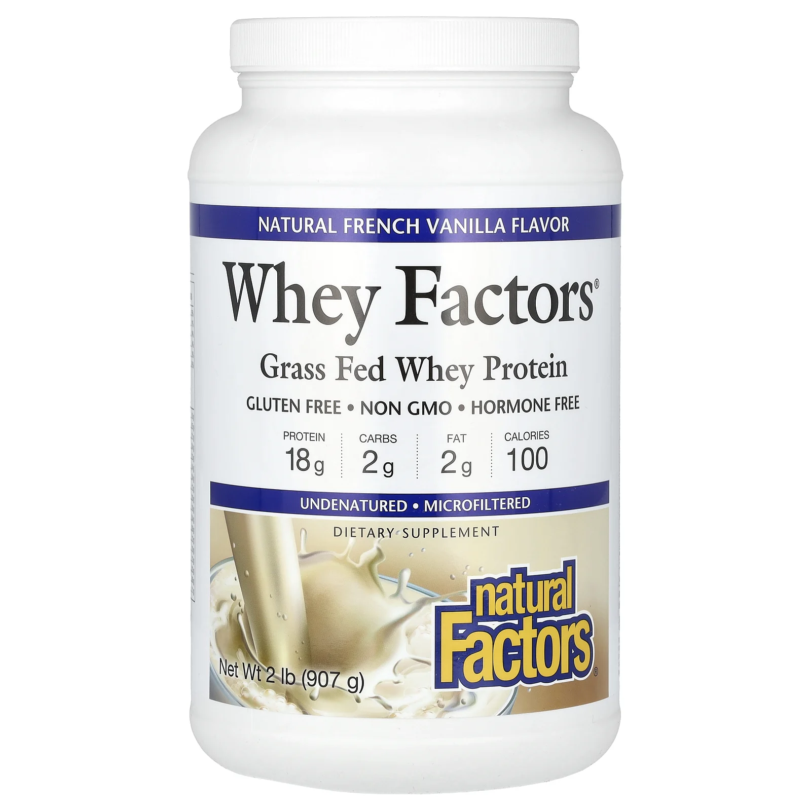 Natural Factors, Whey Factors, сывороточный протеин Grass Fed, натуральный вкус французской ванили, 907 г (2 фунта)