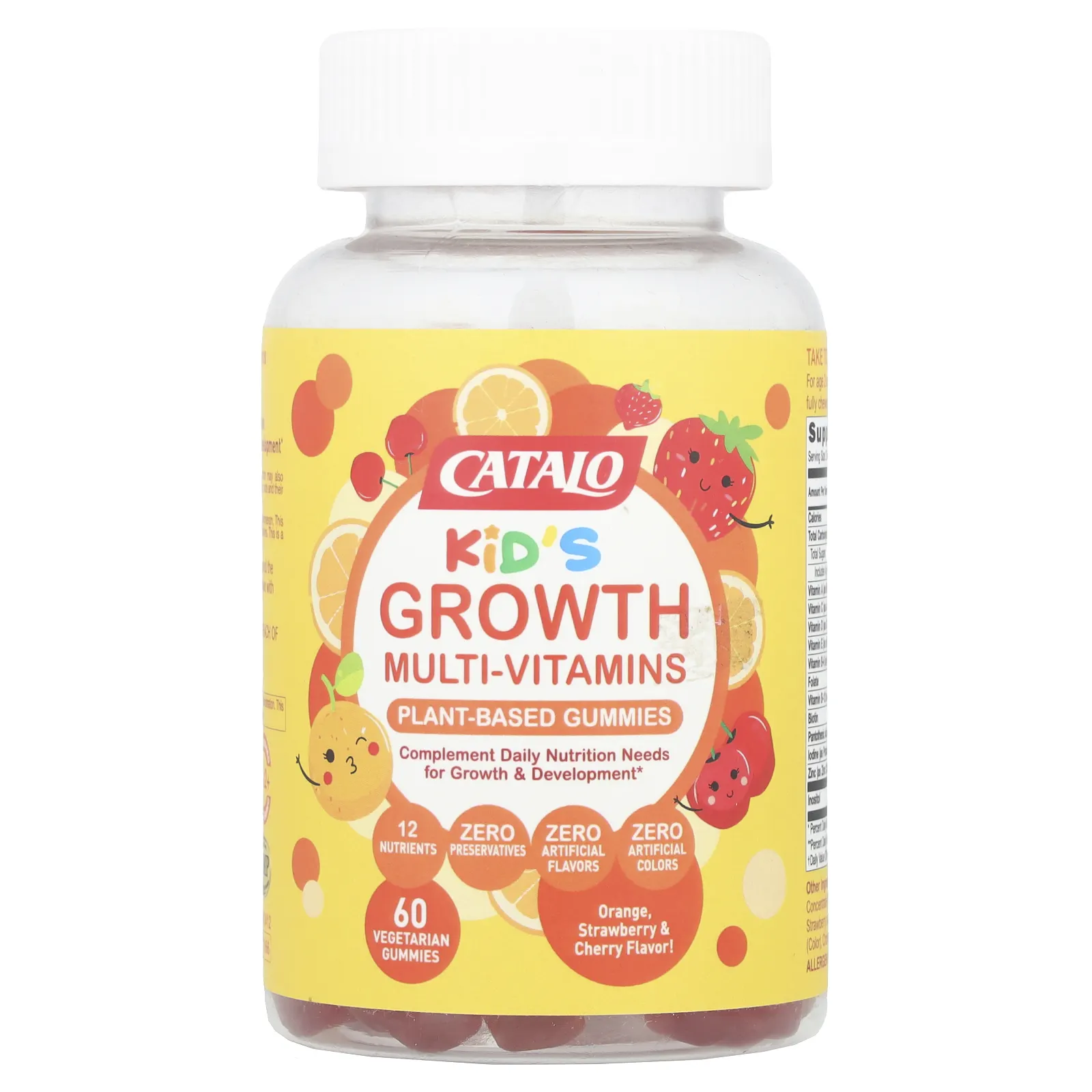 CATALO, Мультивитамины для роста детей, жевательные мармеладки на растительной основе, для детей от 2 лет, апельсин, клубника и вишня, 60 вегетарианских жевательных мармеладок