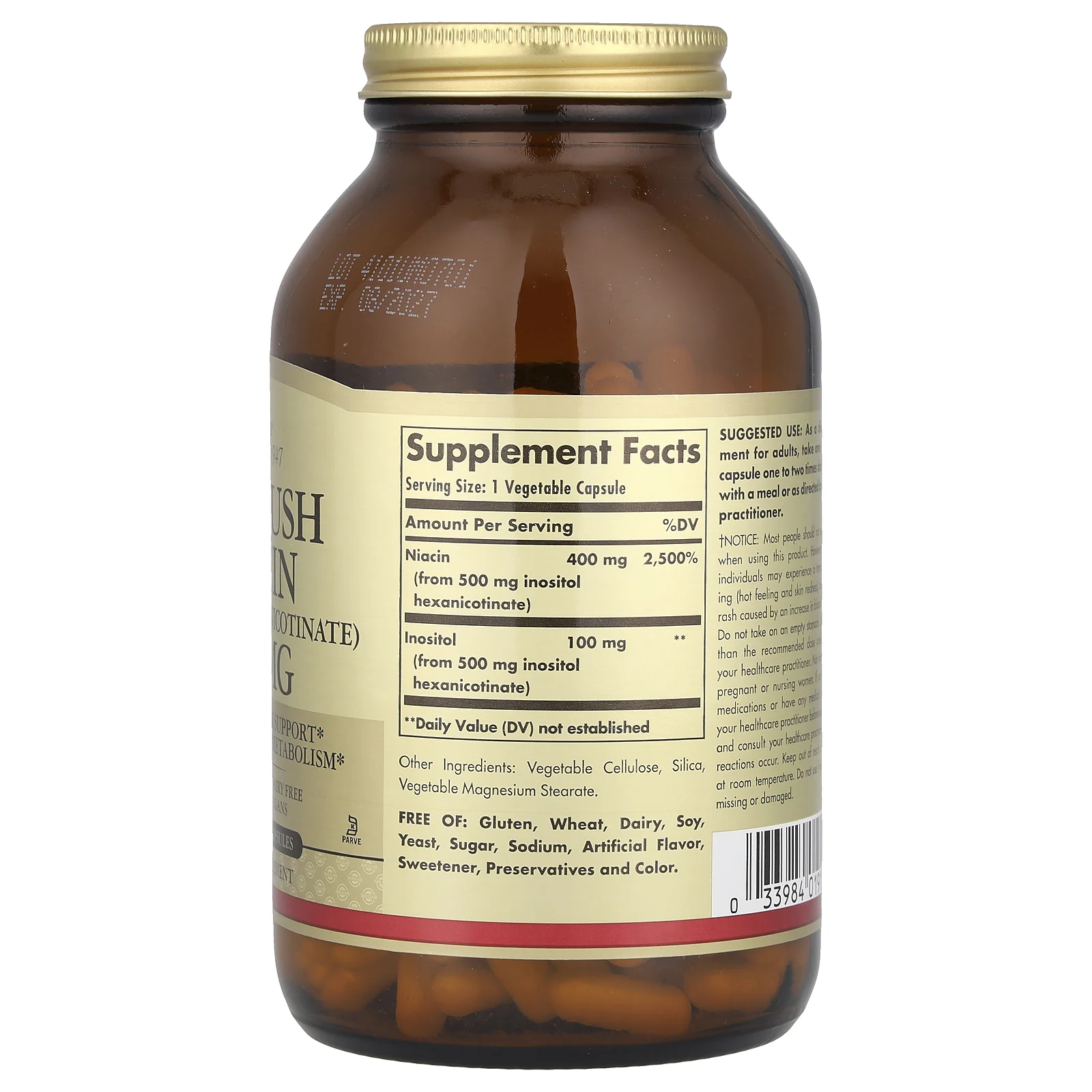 Solgar, ниацин, не вызывающий покраснений, 500 мг, 250 растительных капсул