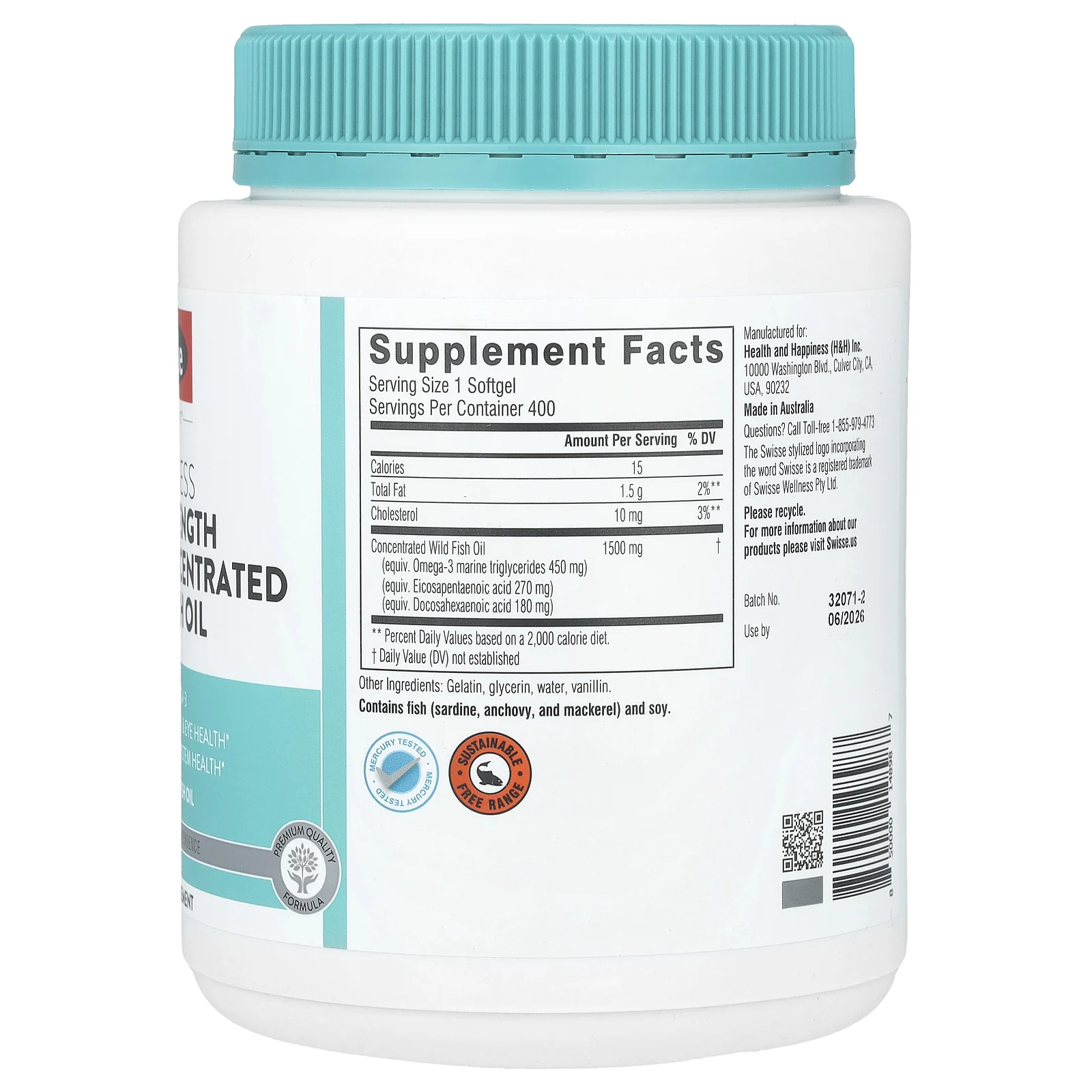 Swisse, Ultiboost®, высокоэффективный концентрированный рыбий жир с омега-3 без запаха, 1500 мг, 400 мягких таблеток