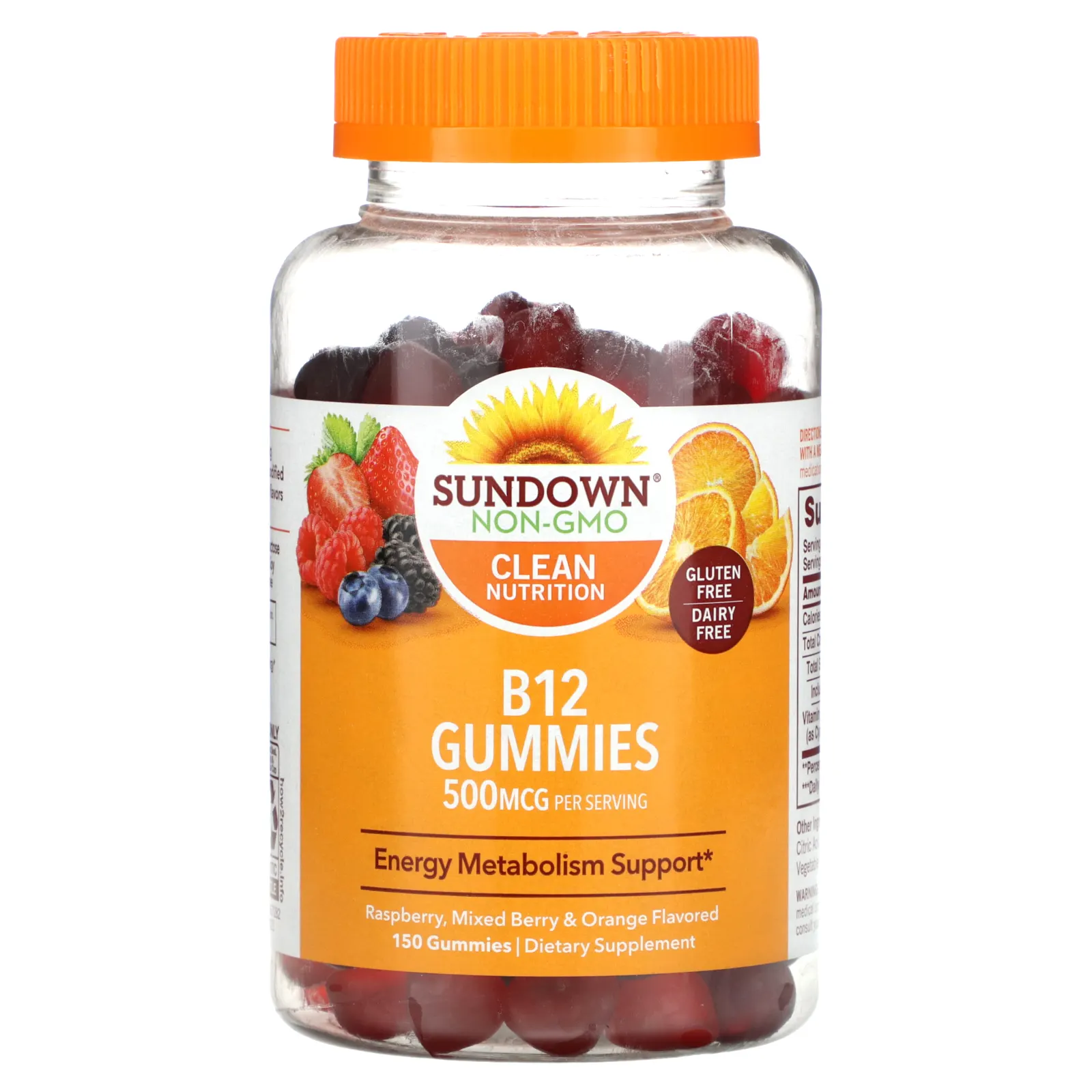 Sundown Naturals, жевательный витамин B12, со вкусом малины, ягод и апельсина, 500 мкг, 150 жевательных таблеток (250 мкг в 1 жевательной таблетке)