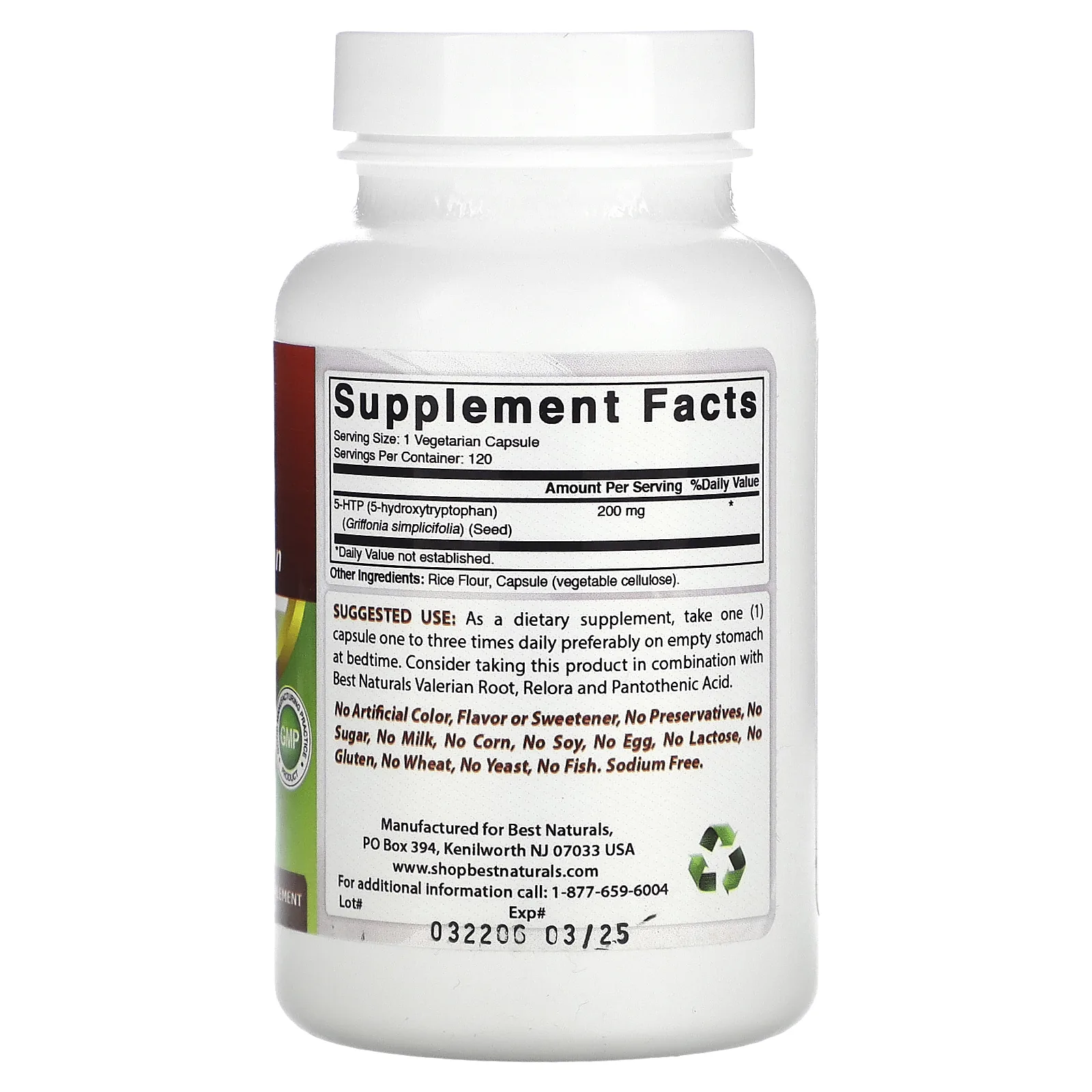 Best Naturals, 5-HTP (5-гидрокситриптофан), 200 мг, 120 вегетарианских капсул