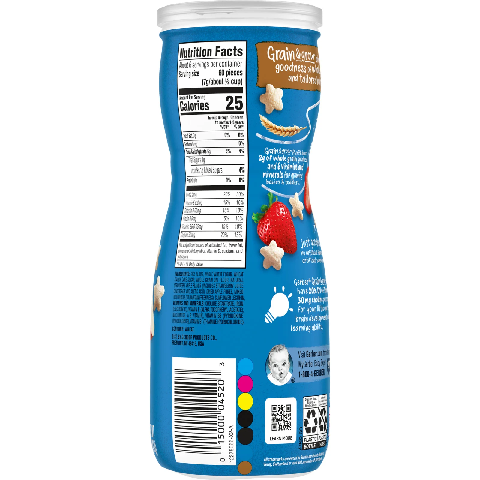 Gerber, Snacks for Baby, Grain & Grow, Puffs, воздушные закуски, для детей от 8 месяцев, клубника и яблоко, 42 г (1,48 унции)