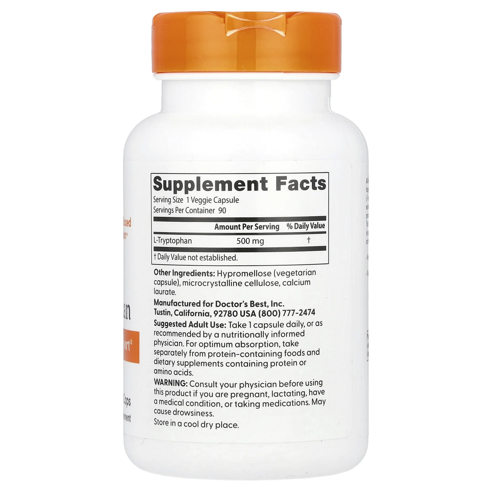 Doctor's Best, L-триптофан с TryptoPure, 500 мг, 90 растительных капсул