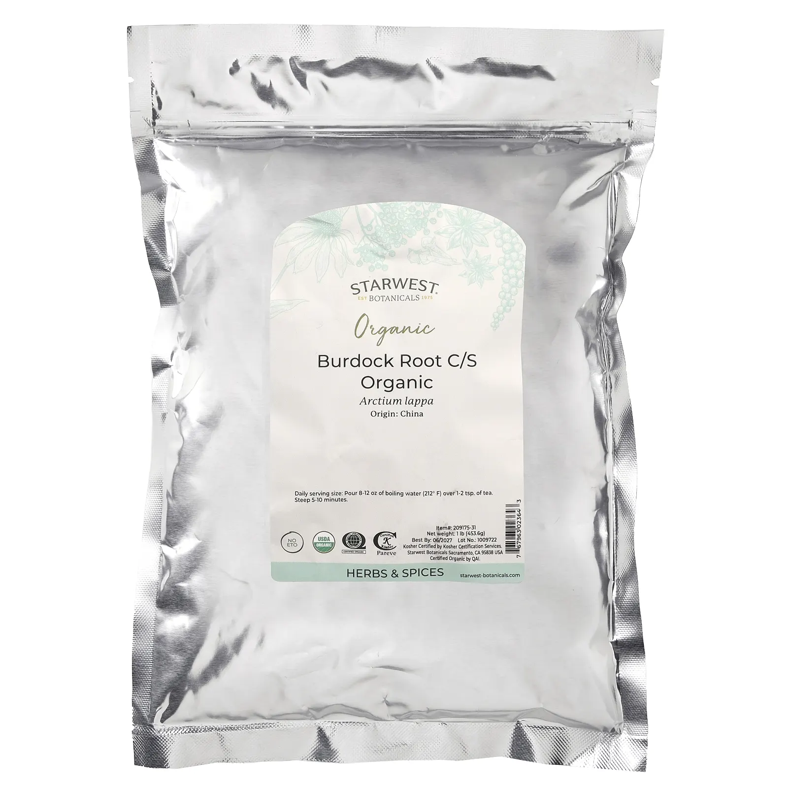 Starwest Botanicals, Органический корень лопуха C/S корень, 453,6 г (1 фунт)