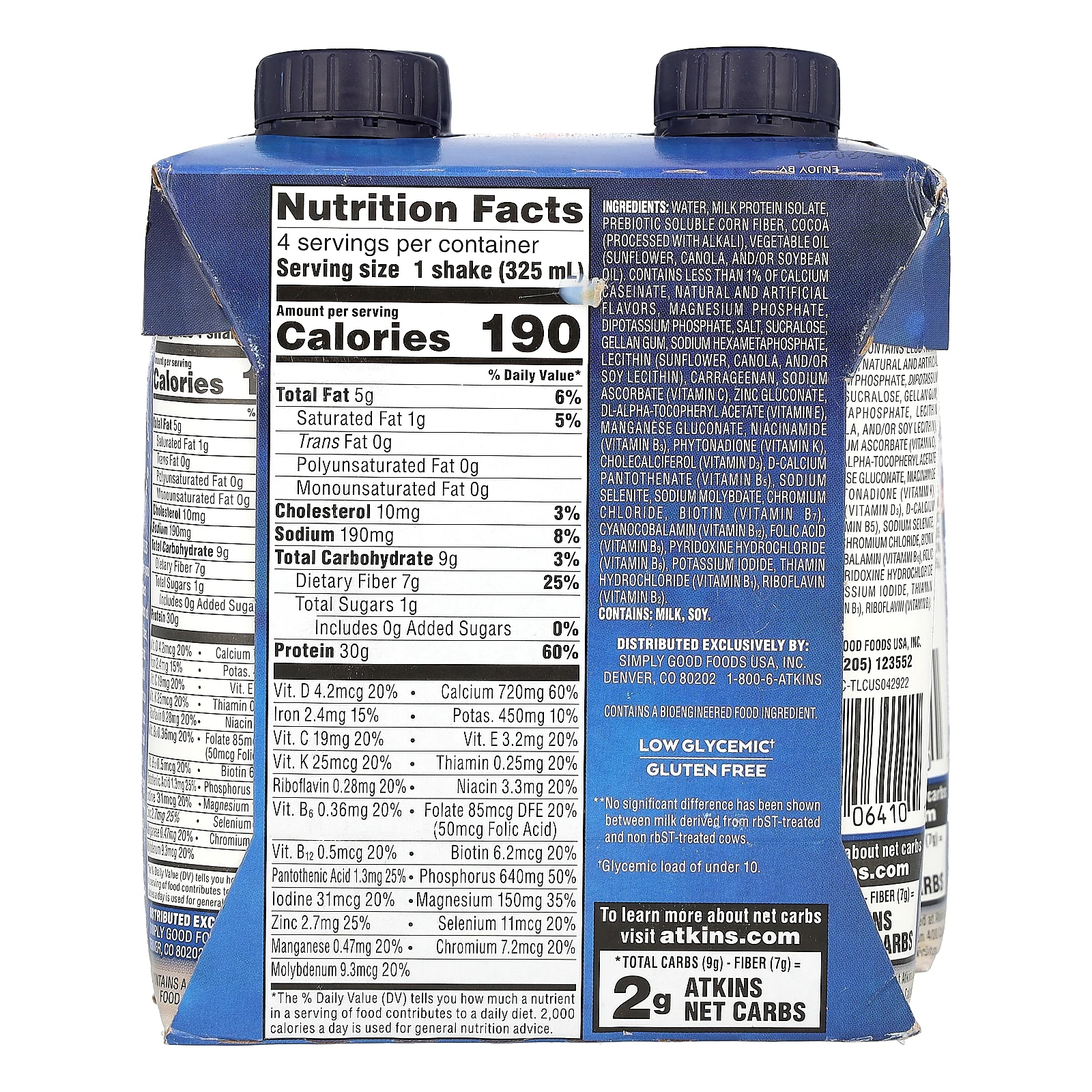 Atkins, обогащенный протеином коктейль, с кремовым молочным шоколадом, 4 коктейля по 325 мл (11 жидк. унций)