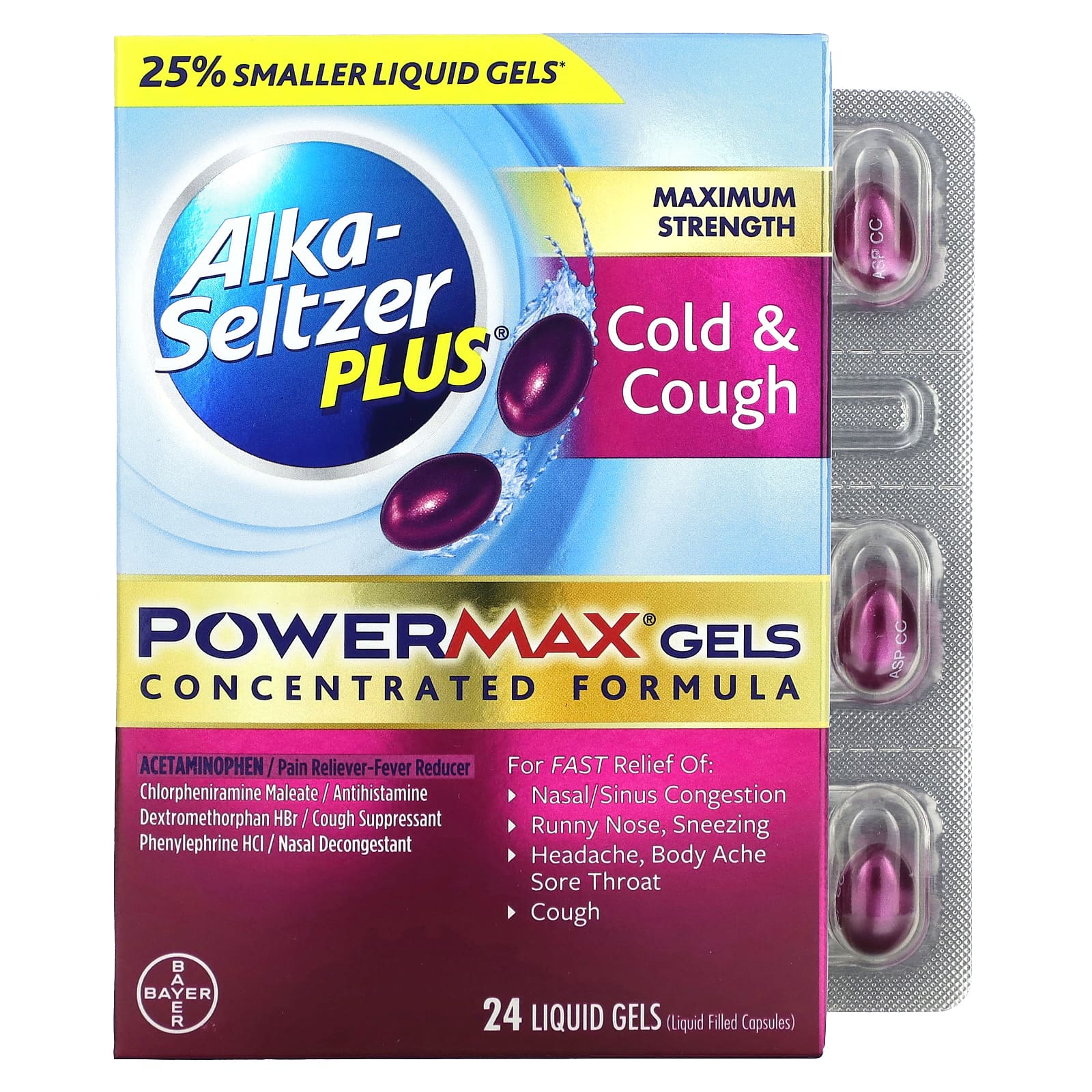 Alka-Seltzer Plus, Гели от простуды и кашля PowerMax, максимальная эффективность, 24 жидких геля