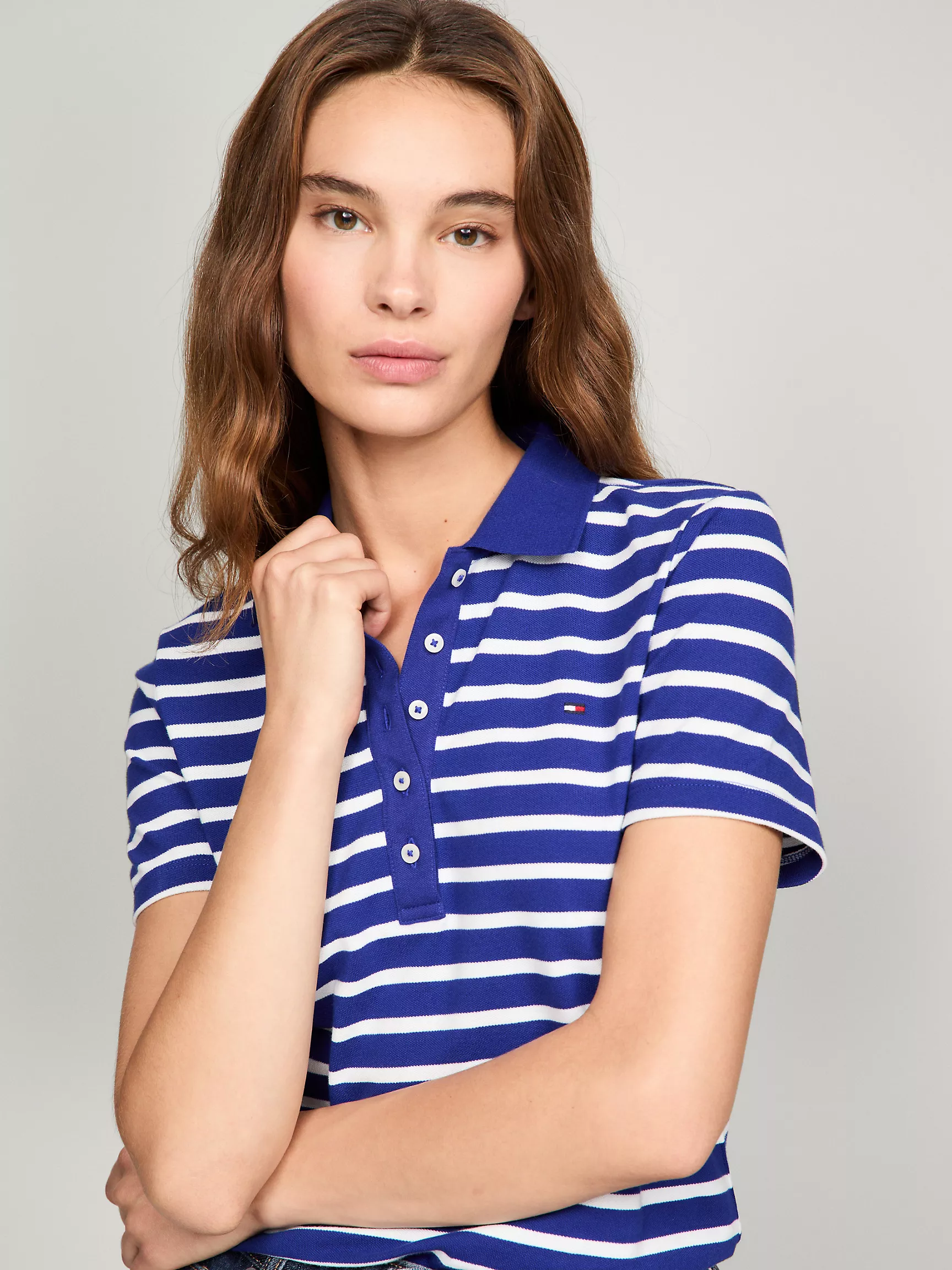 Женское поло Tommy Hilfiger, Приталенное полосатое эластичное хлопковое поло