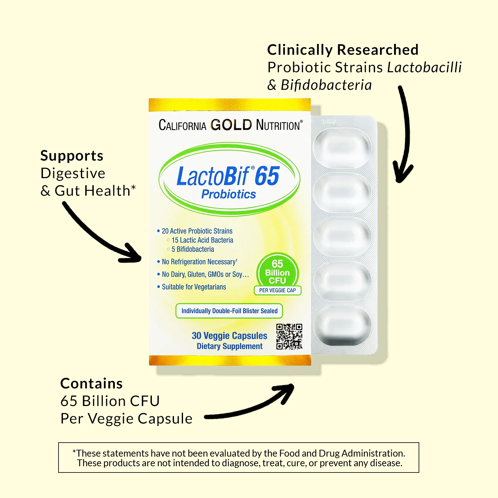 California Gold Nutrition, LactoBif 65, пробиотики, 65 млрд КОЕ, 30 вегетарианских капсул